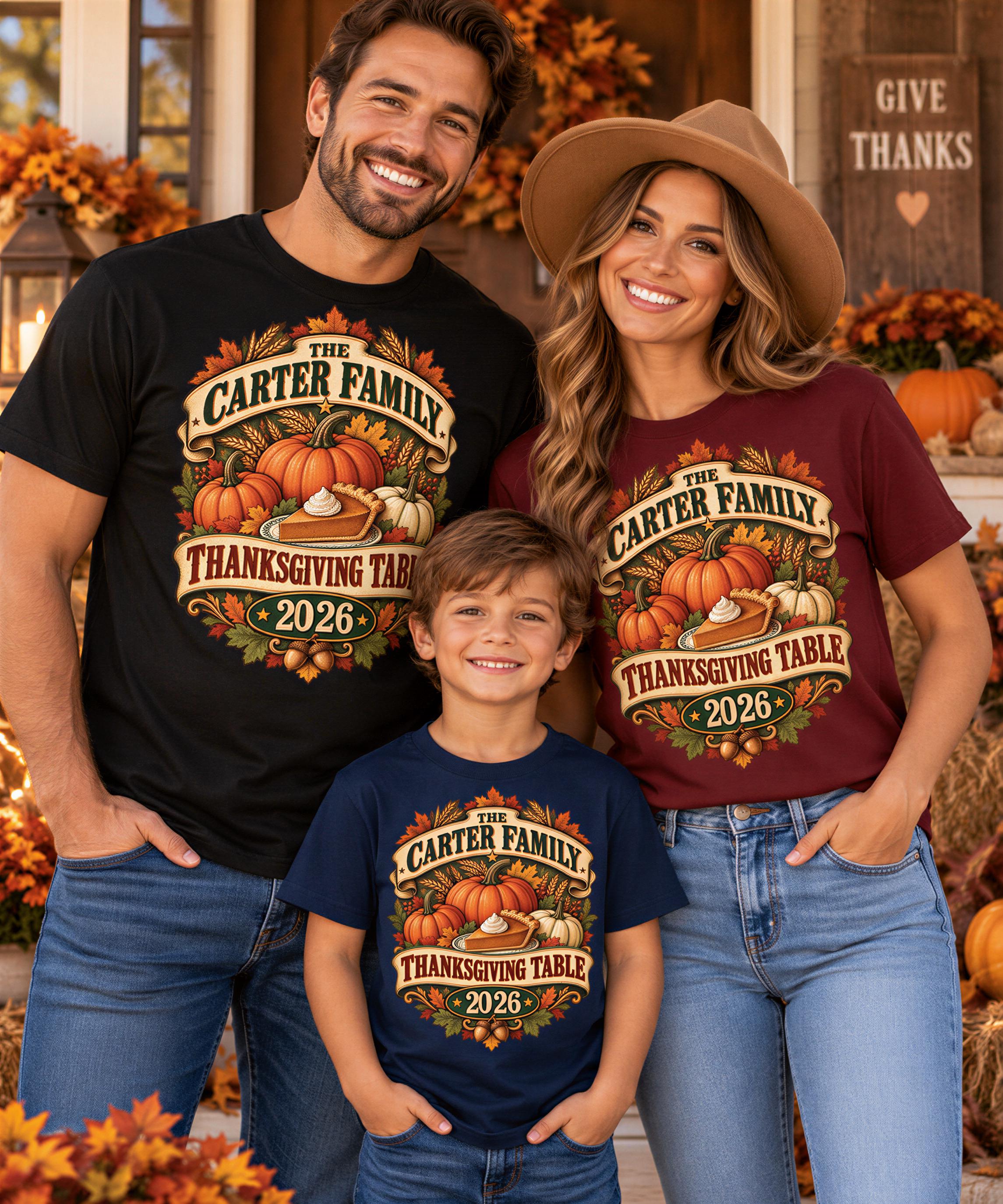 A man, woman, and child wearing matching t-shirts with a Thanksgiving theme, standing in front of a house decorated for the holiday.