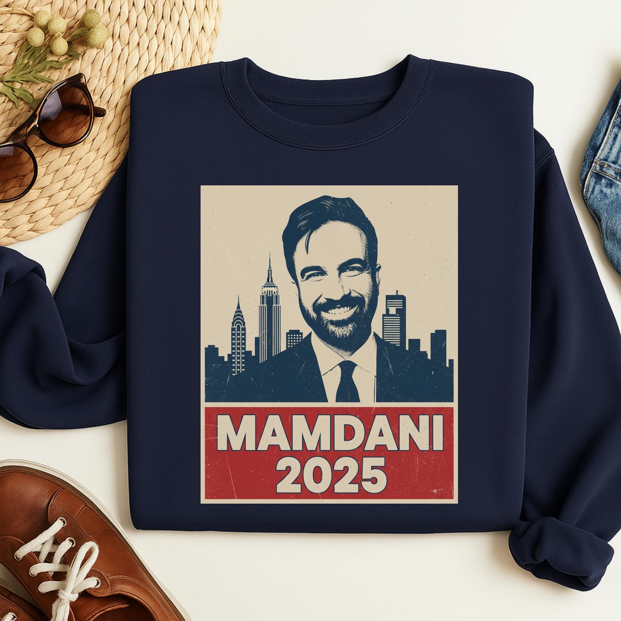 A navy blue sweatshirt with a graphic design featuring a man's face and the text "MAMDANI 2025" printed on it.