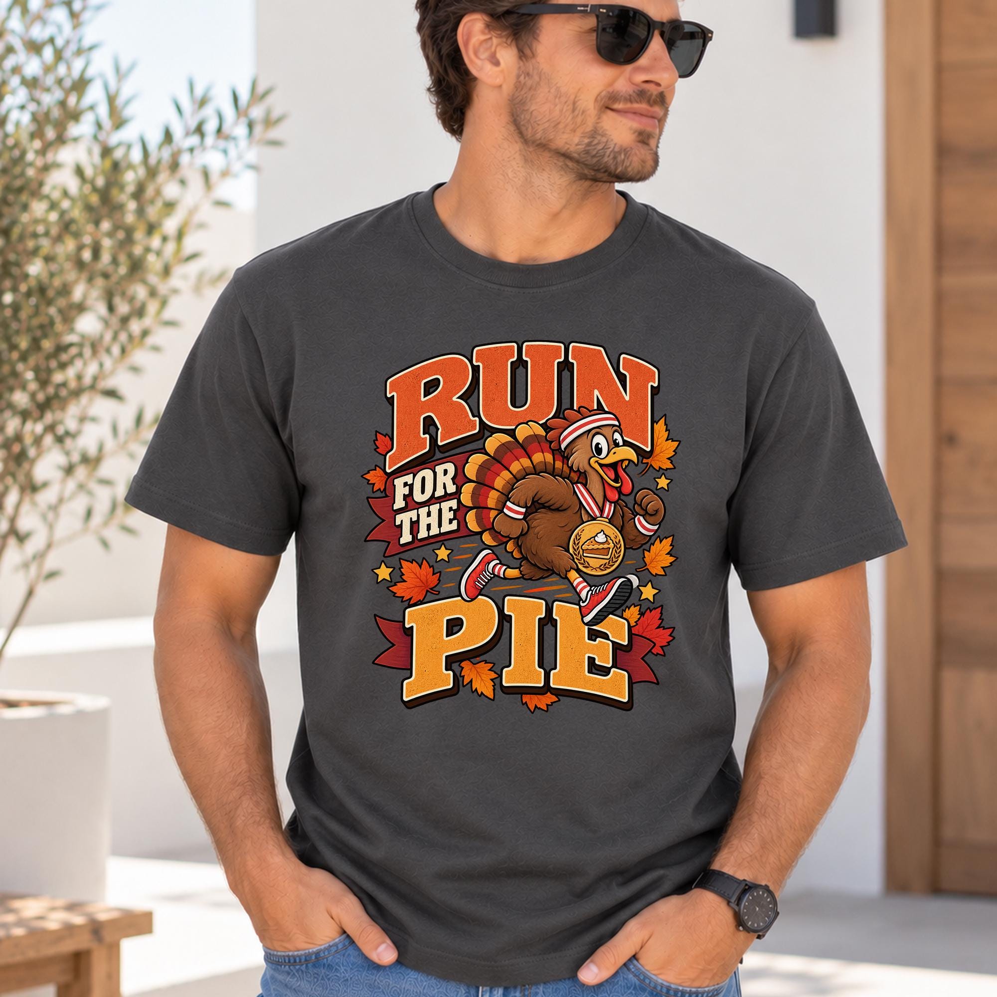 A man wearing a gray t-shirt with a graphic design featuring a turkey running and the text "RUN FOR THE PIE" printed on it.