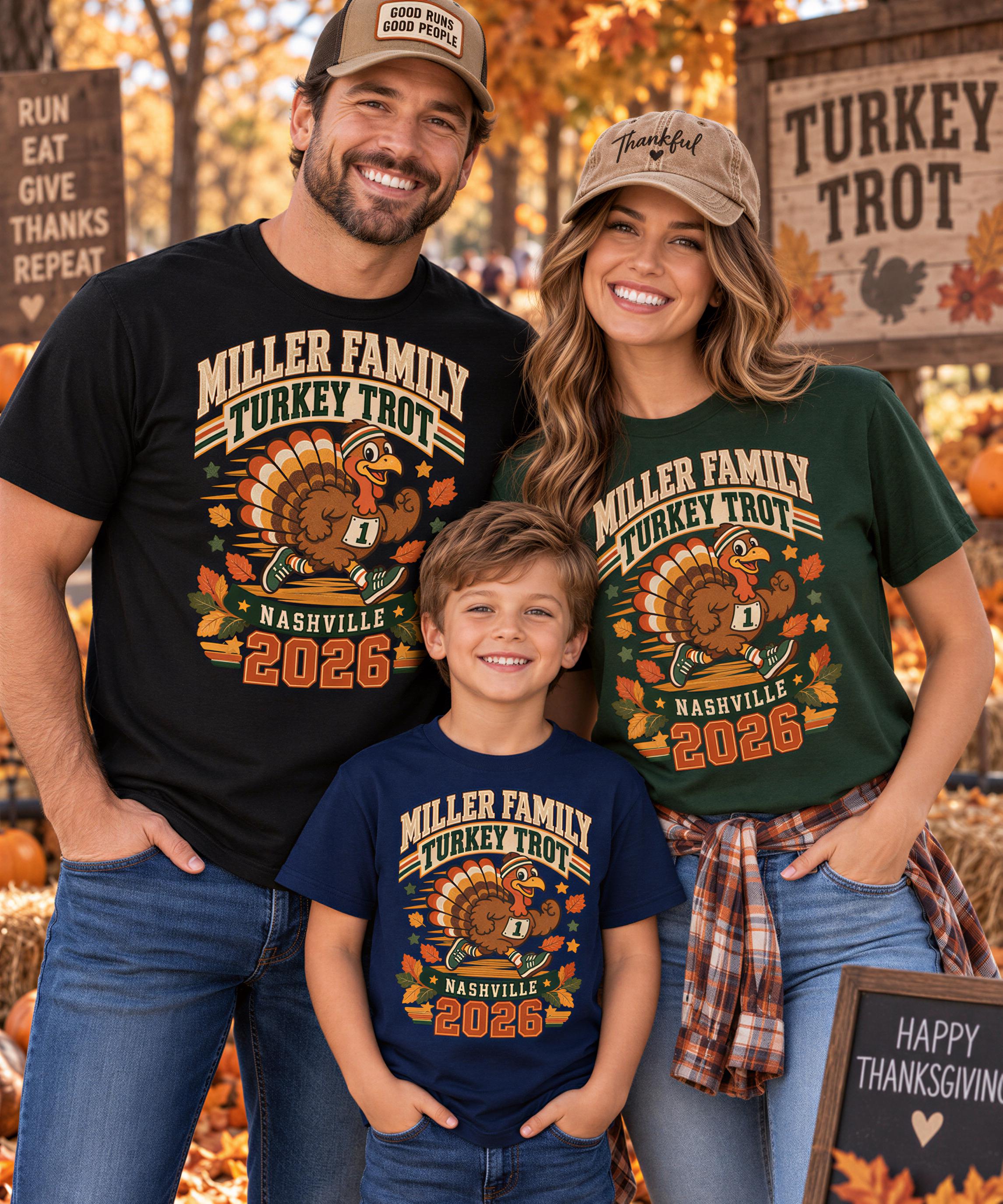 A man, woman, and child wearing matching "Miller Family Turkey Trot" t-shirts stand together in front of a backdrop with a "Happy Thanksgiving" sign.