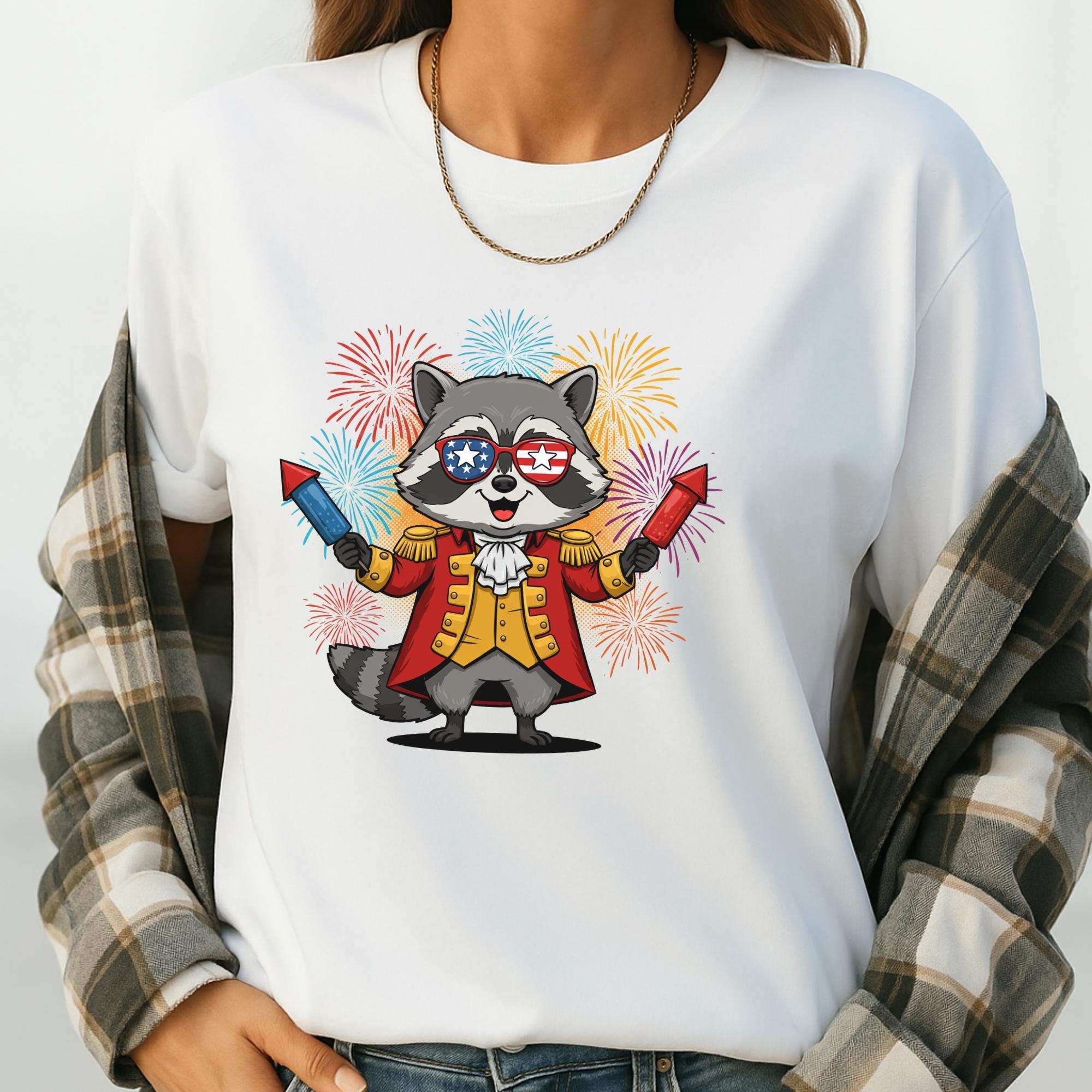 A person wearing a white t-shirt with a graphic of a raccoon character holding fireworks and wearing sunglasses.