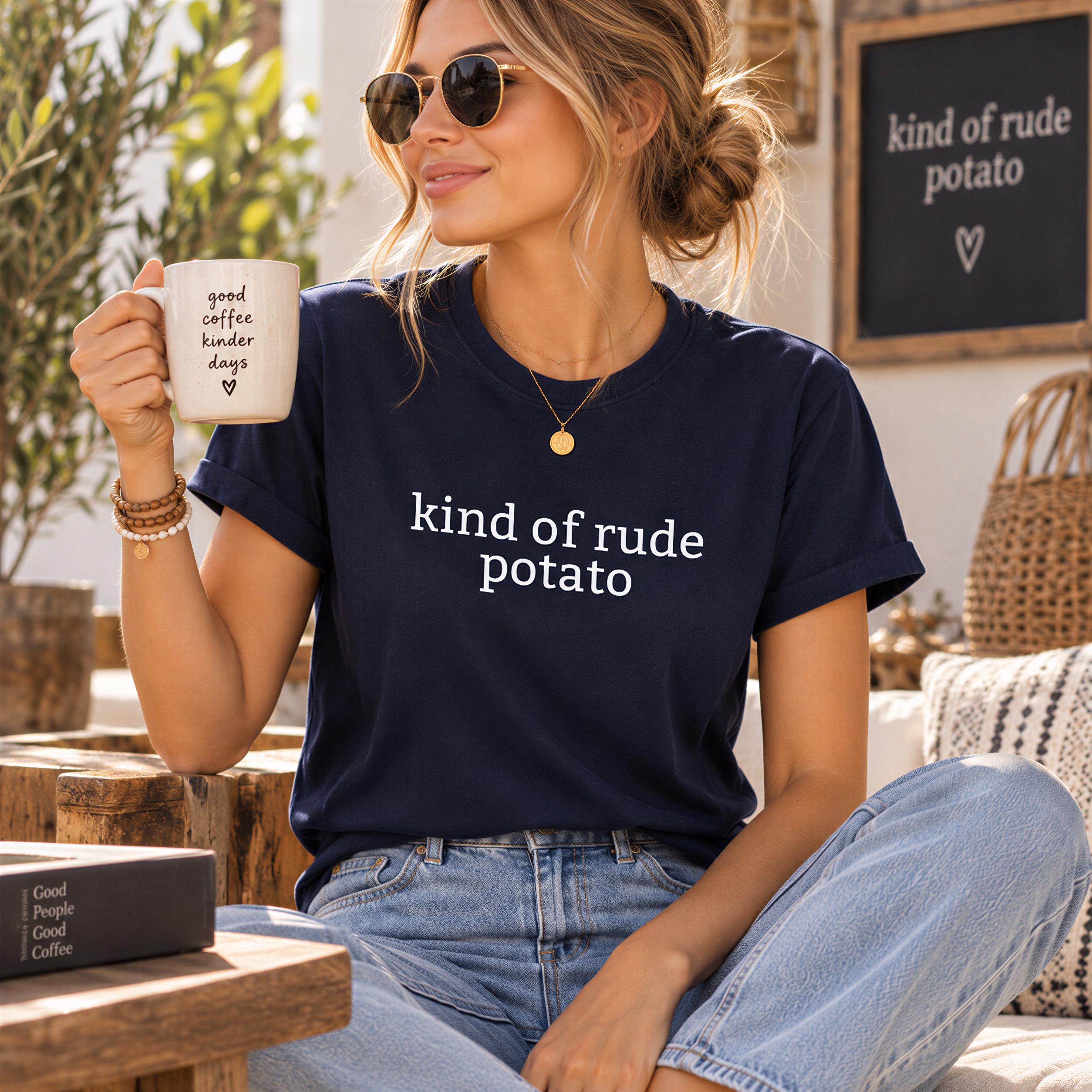 A woman wearing a navy blue t-shirt with the text "kind of rude potato" is sitting on a couch, holding a coffee mug and smiling.