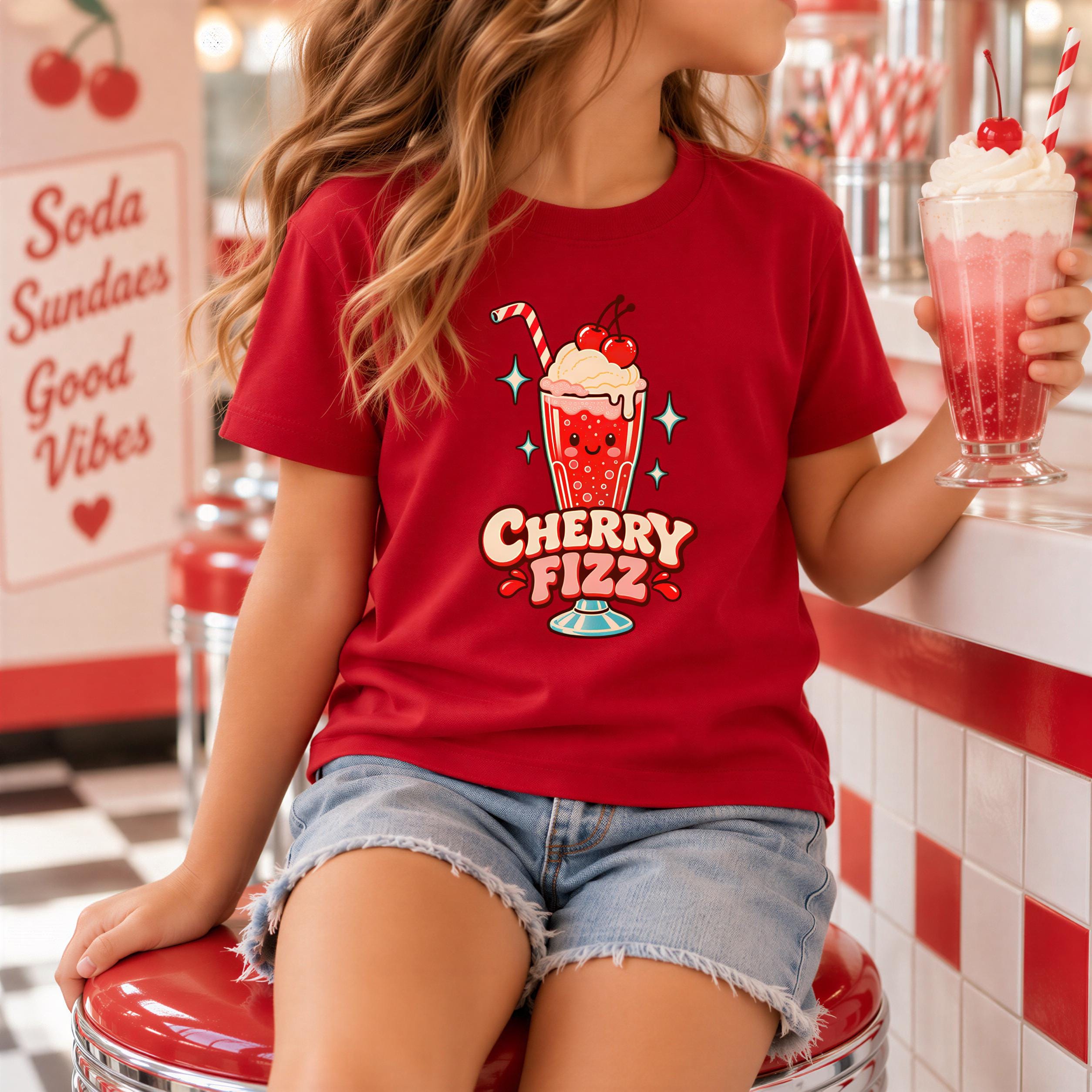 A young girl wearing a red t-shirt with a cartoon image of a cherry fizz drink is sitting at a red and white tiled counter in a retro-style diner.