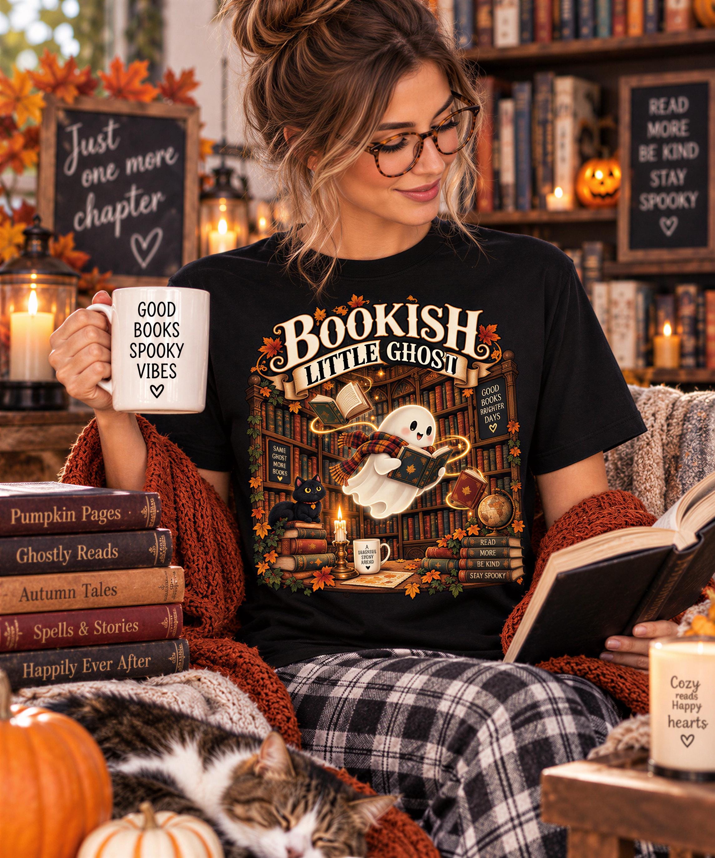 A woman is sitting in a cozy setting, reading a book and holding a mug with the text "Good books spooky vibes" printed on it. She is surrounded by books, a pumpkin, and a cat, creating a festive and comfortable atmosphere.