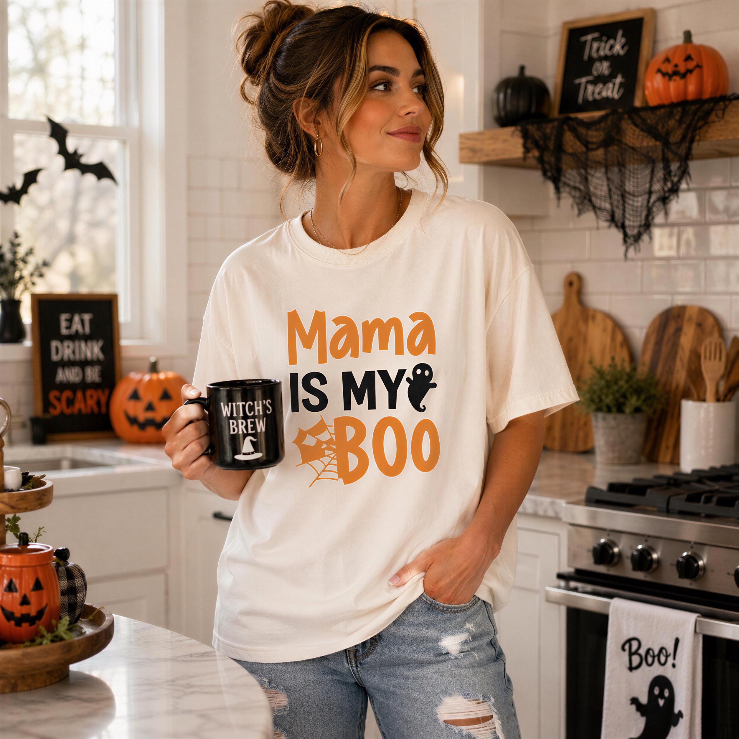A woman wearing a white t-shirt with the text "Mama is my Boo" stands in a kitchen holding a mug with a witch's brew design.