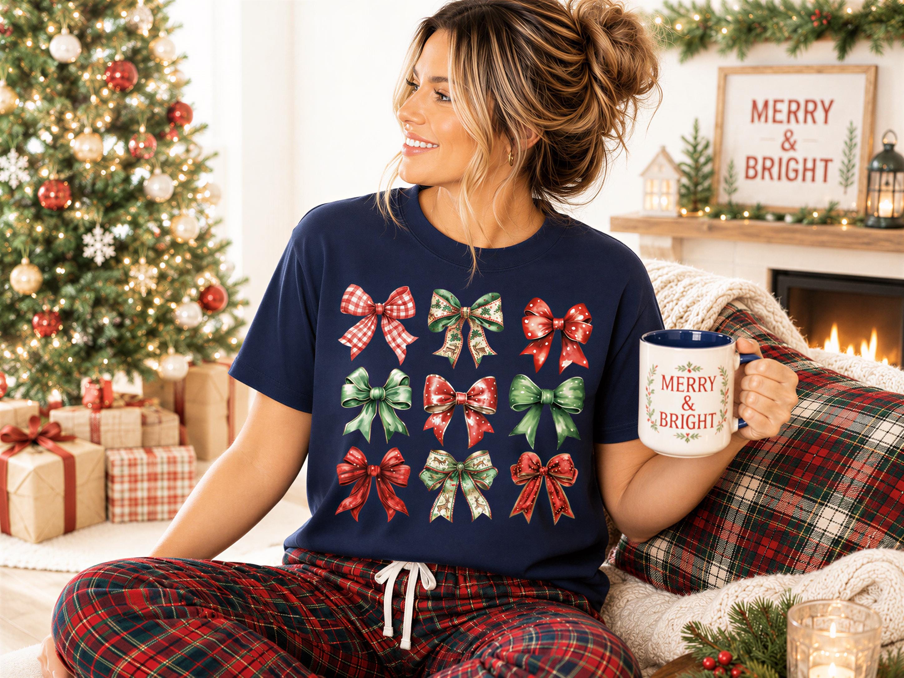 A woman in a navy blue t-shirt with bow designs is sitting on a couch, holding a mug with the text "Merry & Bright" written on it. The room has a Christmas tree, presents, and a fireplace, creating a festive atmosphere.
