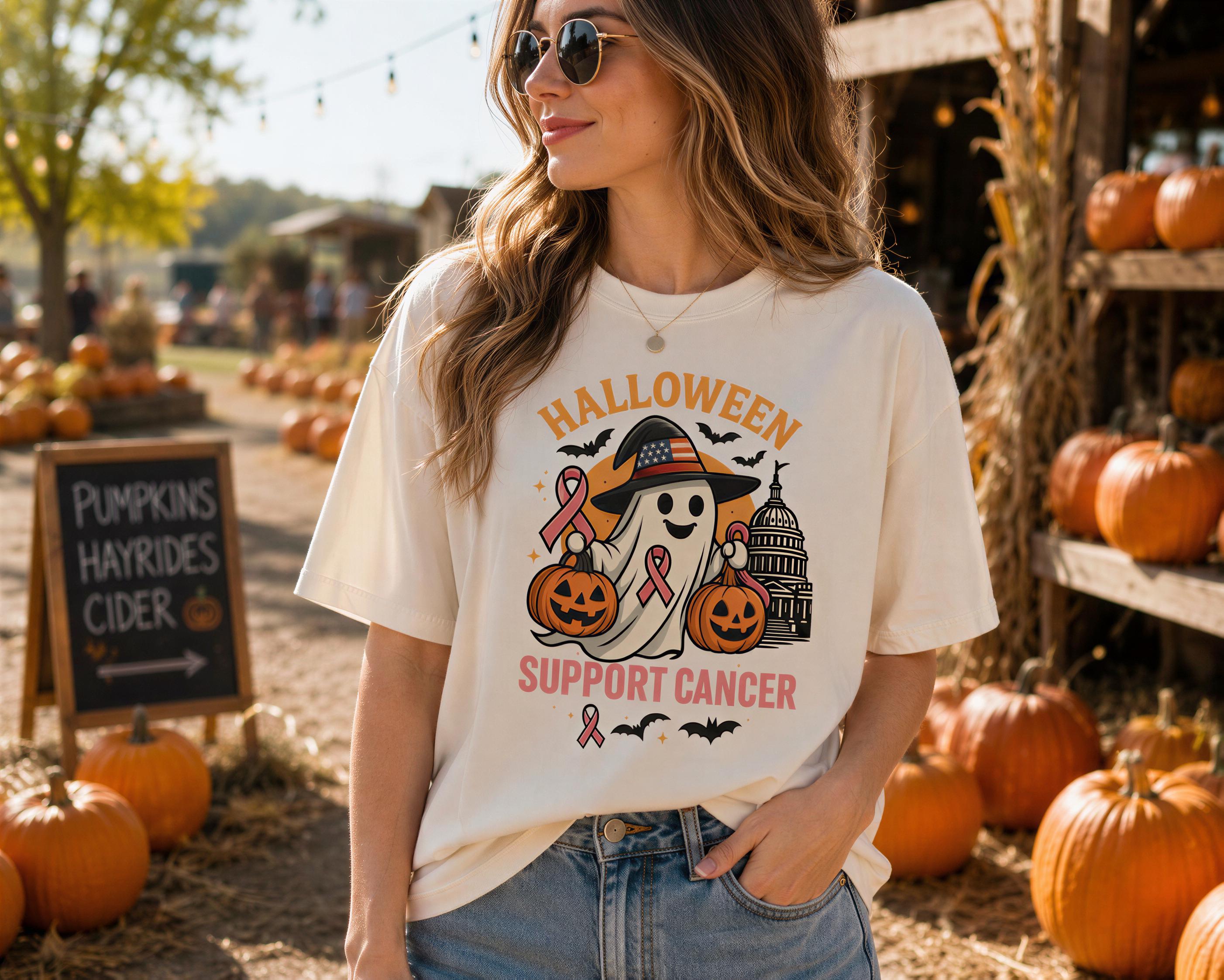 A woman wearing a white t-shirt with a Halloween graphic and text stands in front of a pumpkin patch with pumpkins and a sign for pumpkin cider.