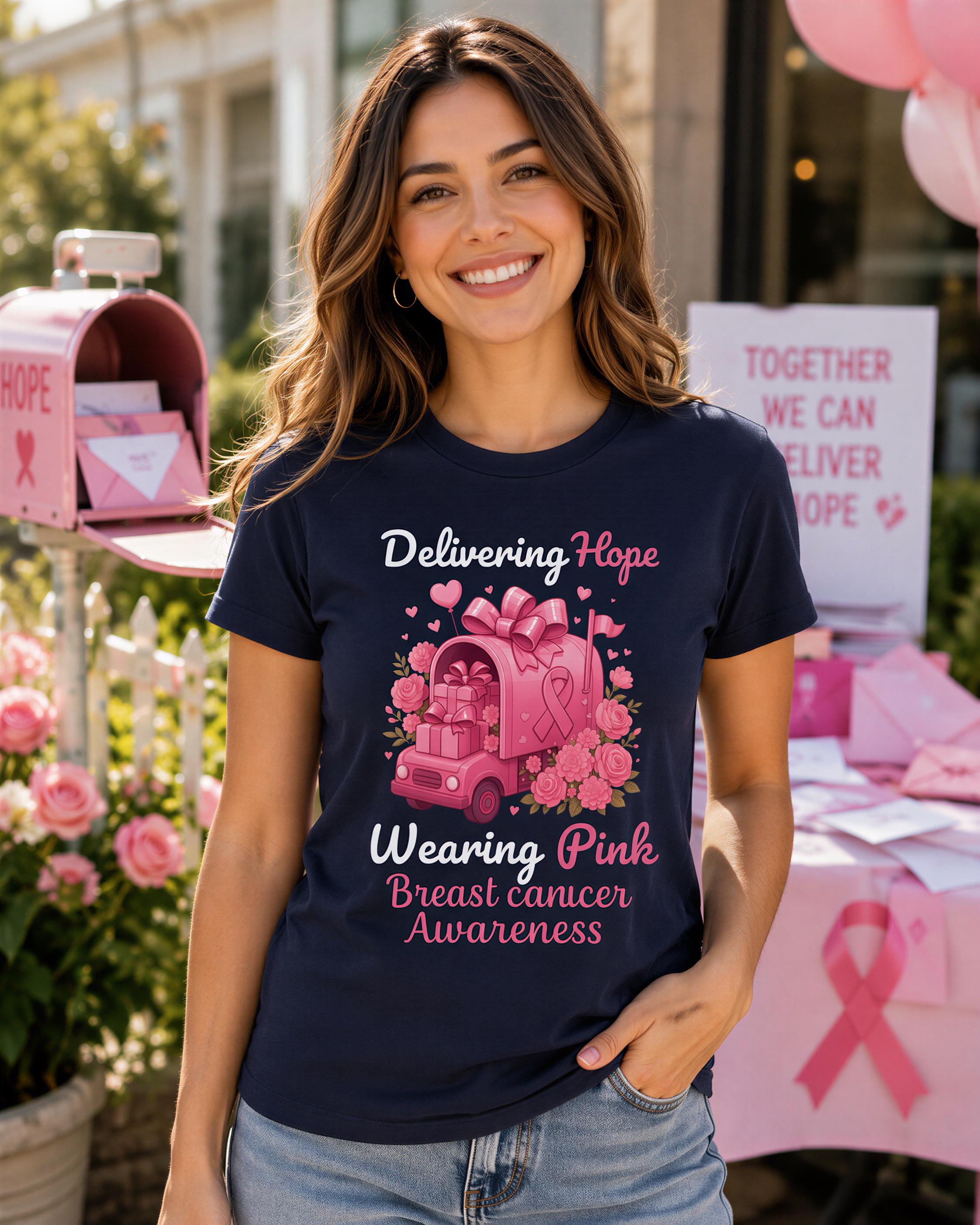 A woman wearing a black t-shirt with a pink design and text related to breast cancer awareness stands in front of a pink mailbox and pink flowers.