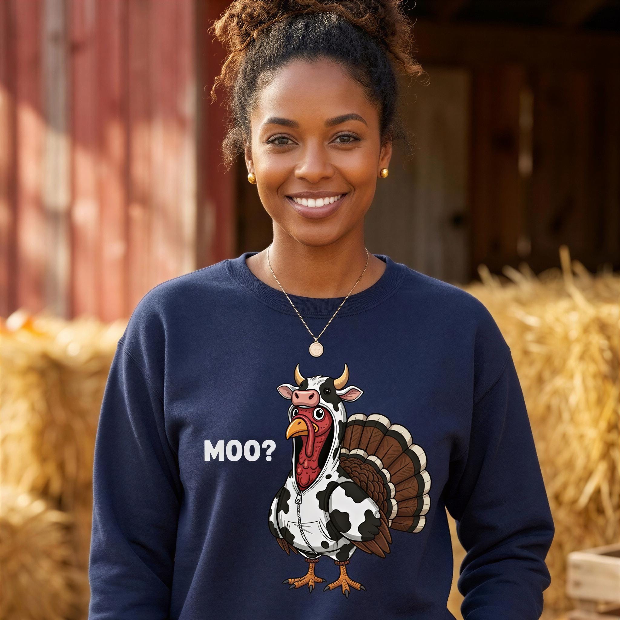 A woman wearing a navy blue sweatshirt with a cartoon turkey and the text "MOO?" smiling at the camera.