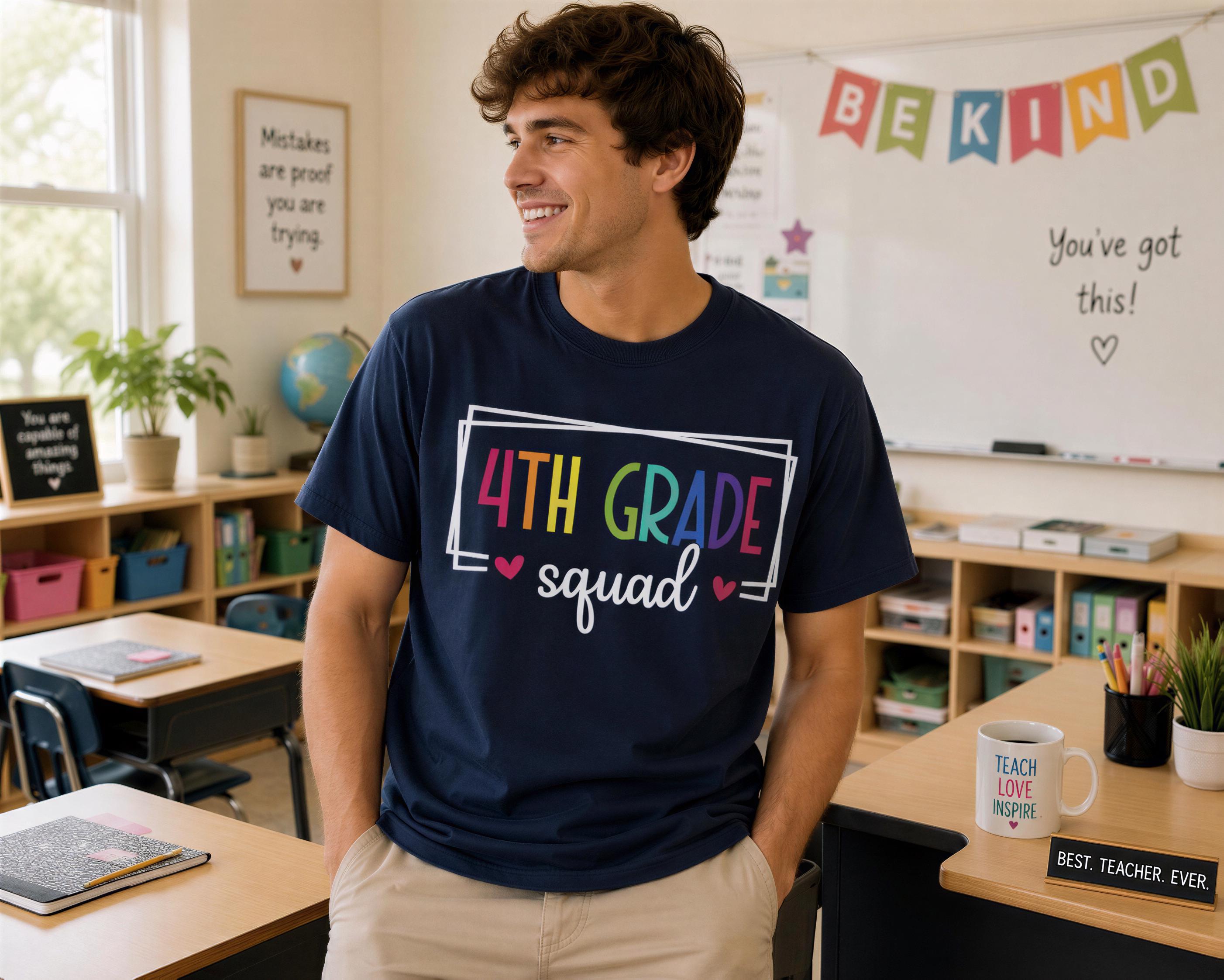 A smiling young man wearing a blue t-shirt with the text "4th GRADE SQUAD" stands in a classroom with a bulletin board and various school supplies visible in the background.