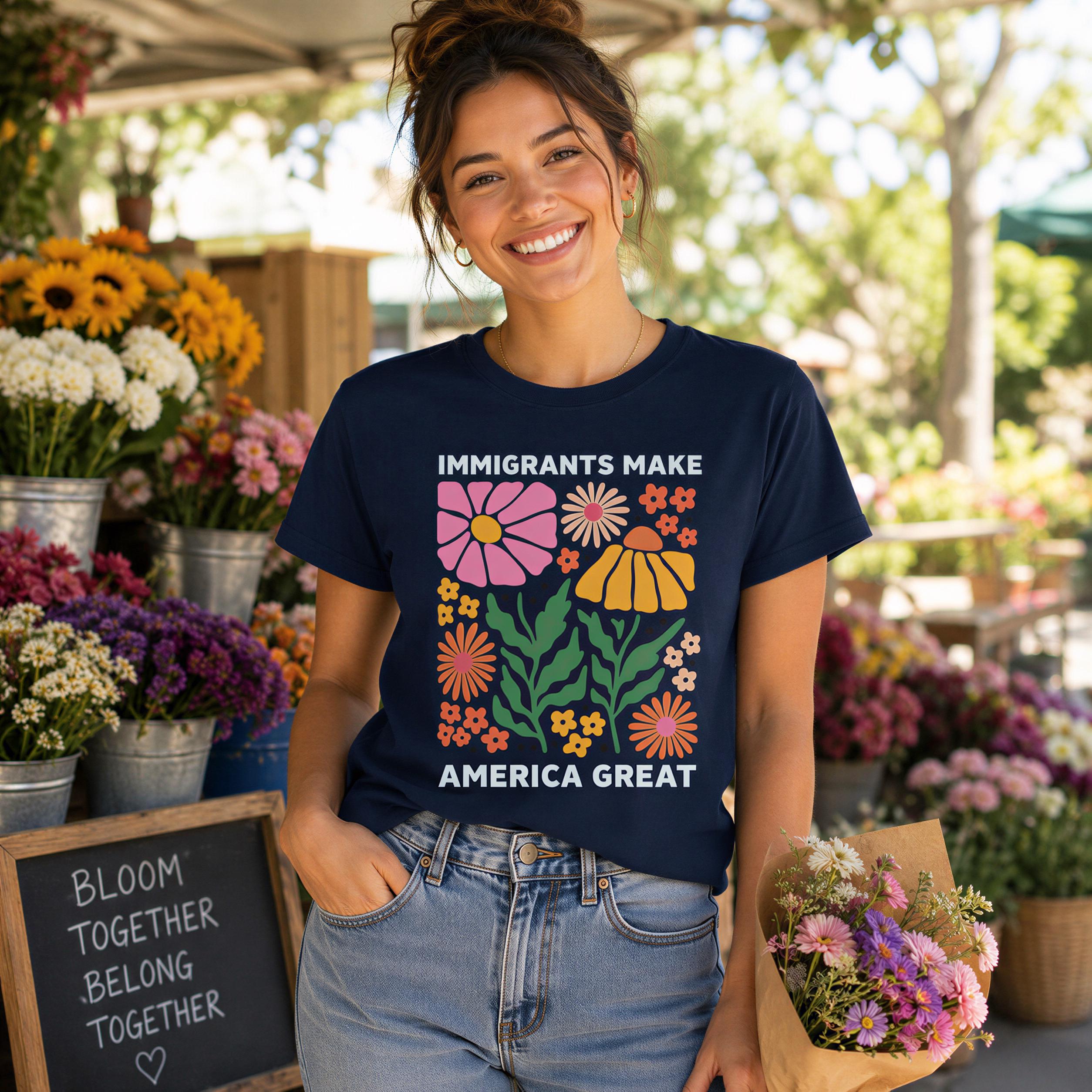 A smiling woman wearing a navy blue t-shirt with a graphic design of flowers and text, standing in front of a flower shop with various potted plants and flowers in the background.