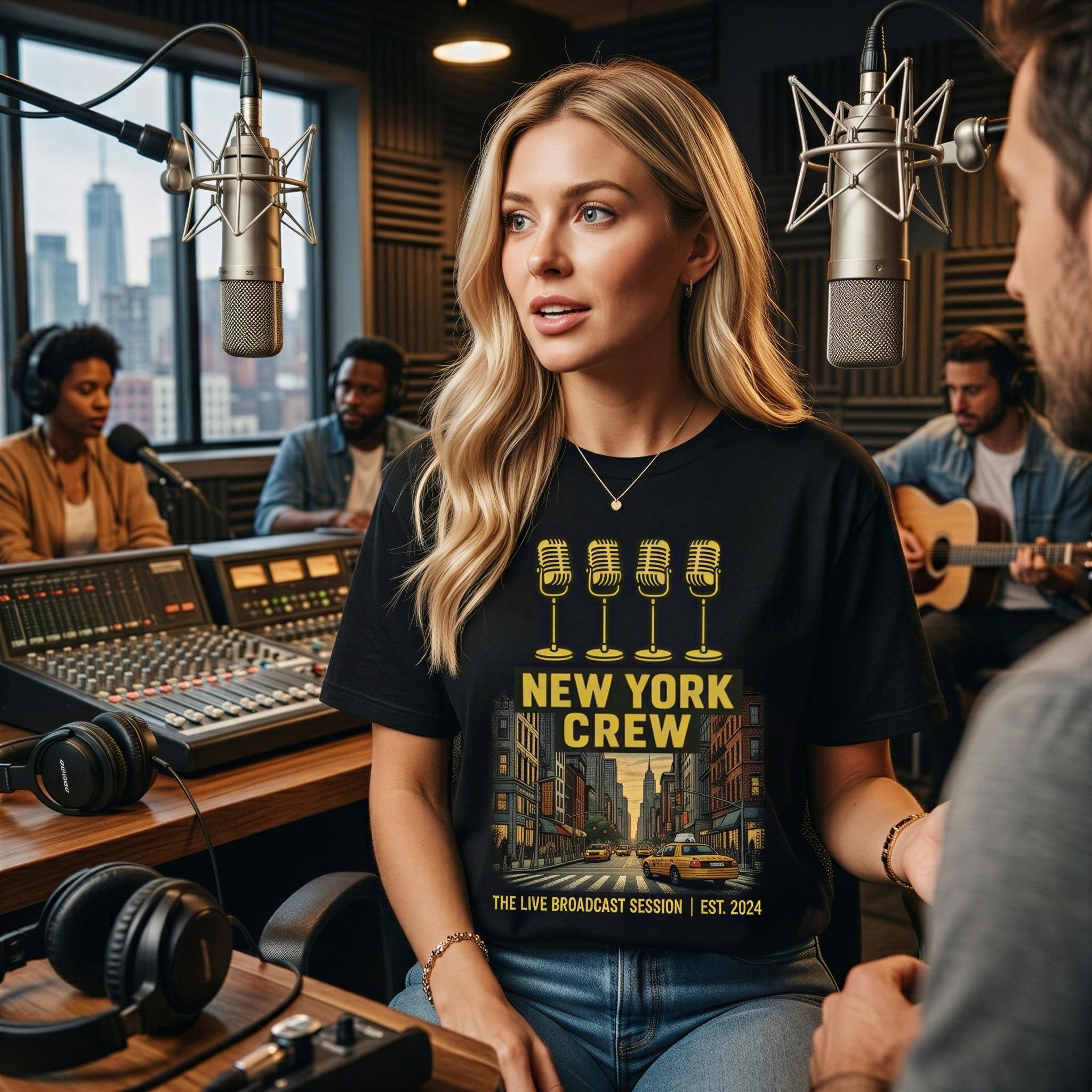 A woman wearing a black t-shirt with a graphic design of a city street and microphones, sitting in a recording studio with other people in the background.