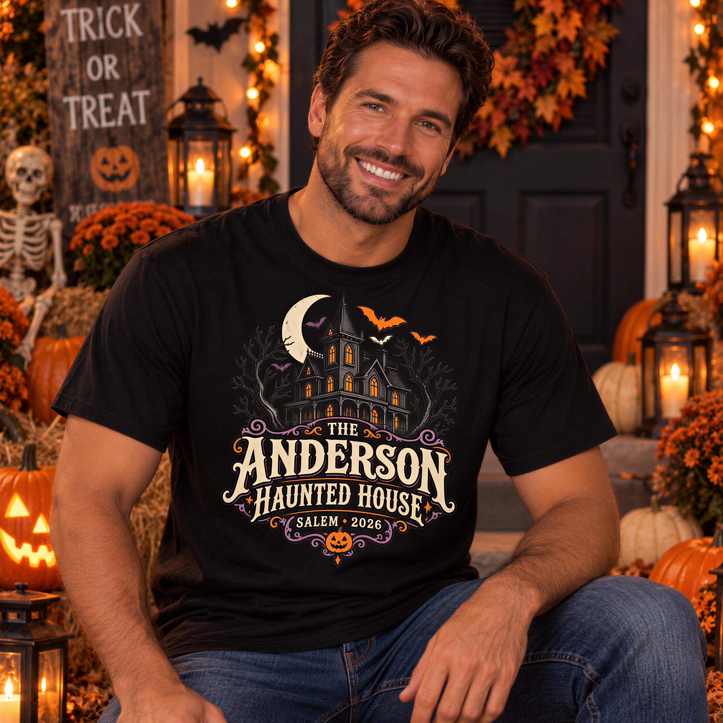 A smiling man wearing a black t-shirt with a Halloween-themed graphic stands in front of a Halloween-themed backdrop with jack-o-lanterns, pumpkins, and bats.