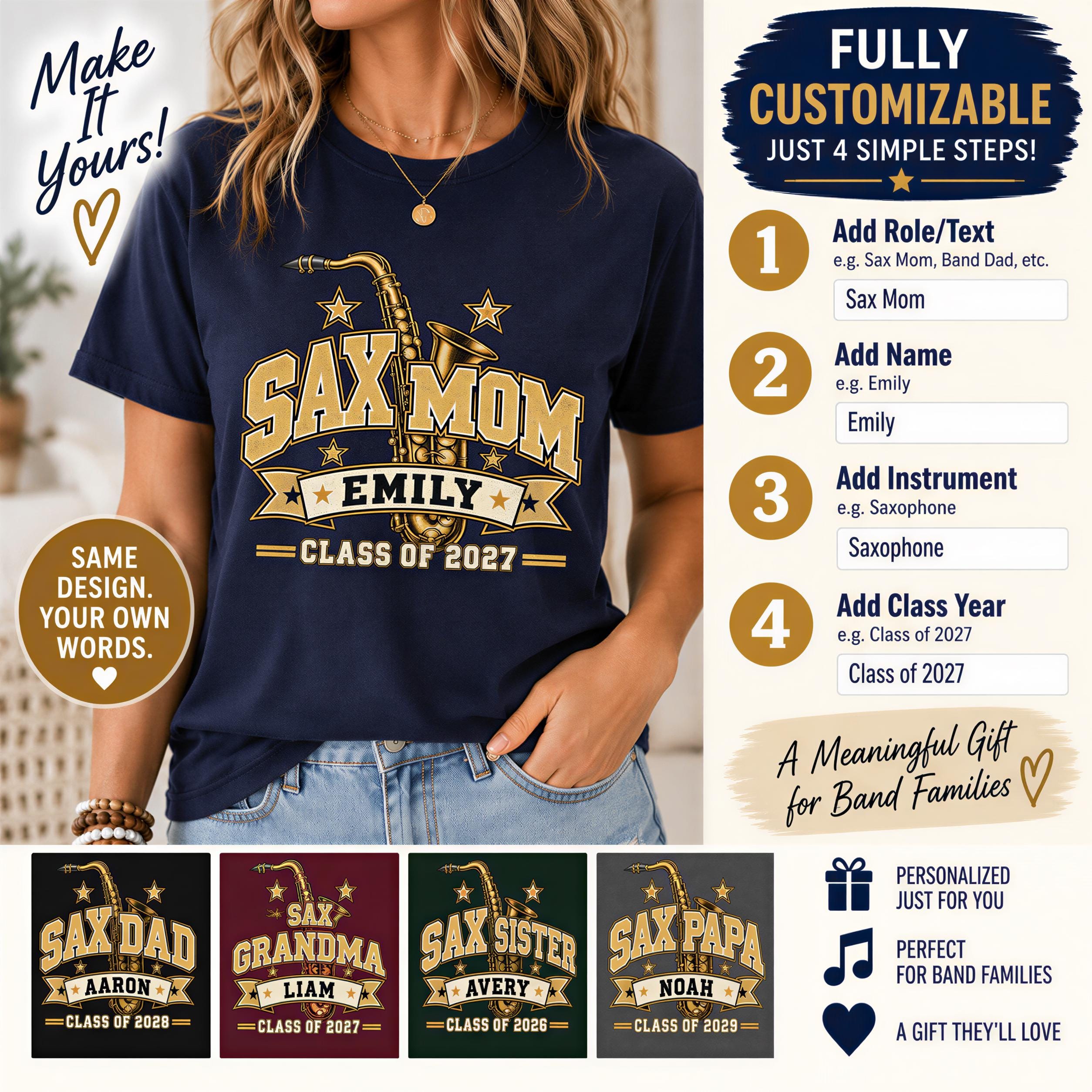 The image is a collage of four different t-shirt designs featuring a saxophone and the text "S Sax Mom" along with various customization options.