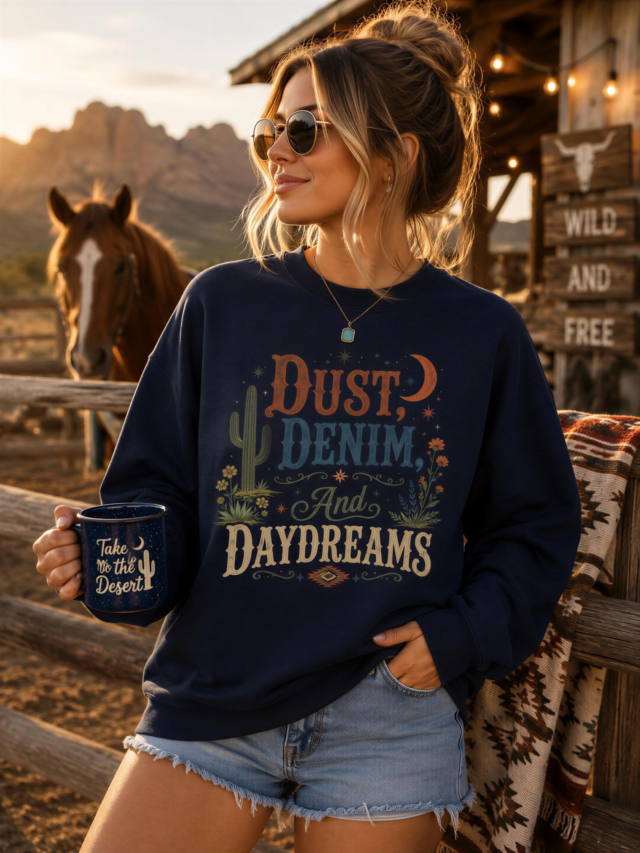 A woman wearing a navy blue sweatshirt with a colorful design and sunglasses stands in front of a wooden fence, holding a coffee mug with the text "Take the desert daydreams".