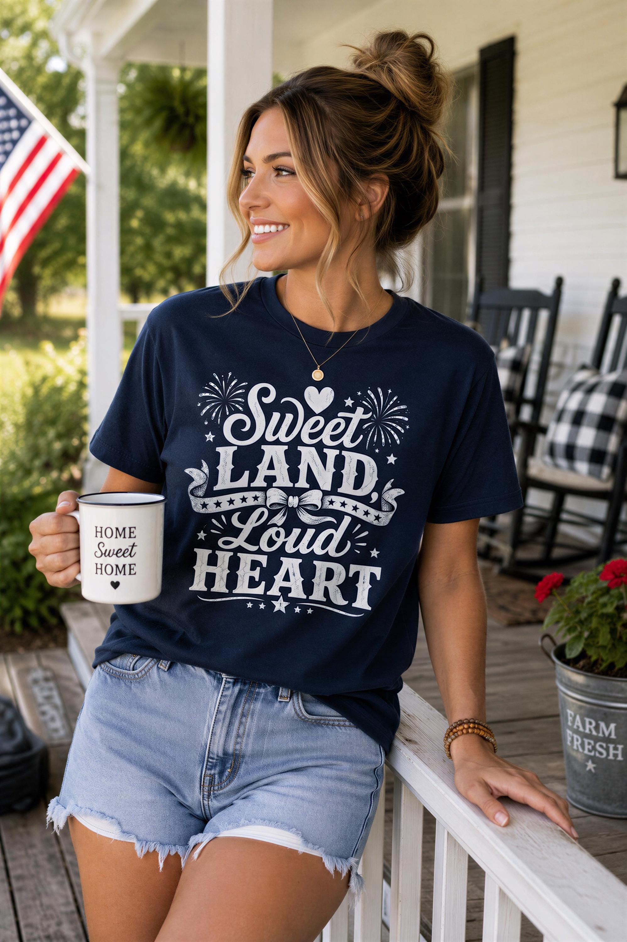 A woman wearing a navy blue t-shirt with the text "Sweet Land, Loud Heart" is standing on a porch, holding a white mug with the text "Home Sweet Home" printed on it.