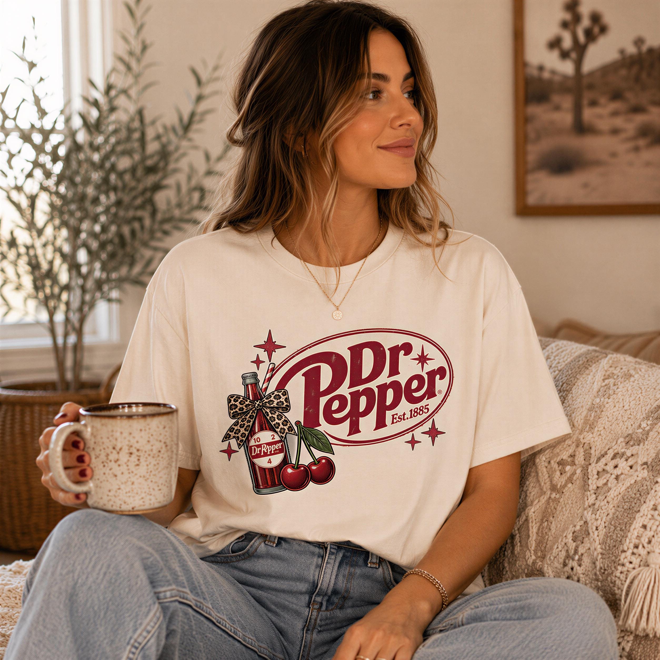 A woman wearing a white t-shirt with a graphic of a bottle of Dr Pepper and cherries, holding a mug, sitting on a couch in a room with a window and a plant.