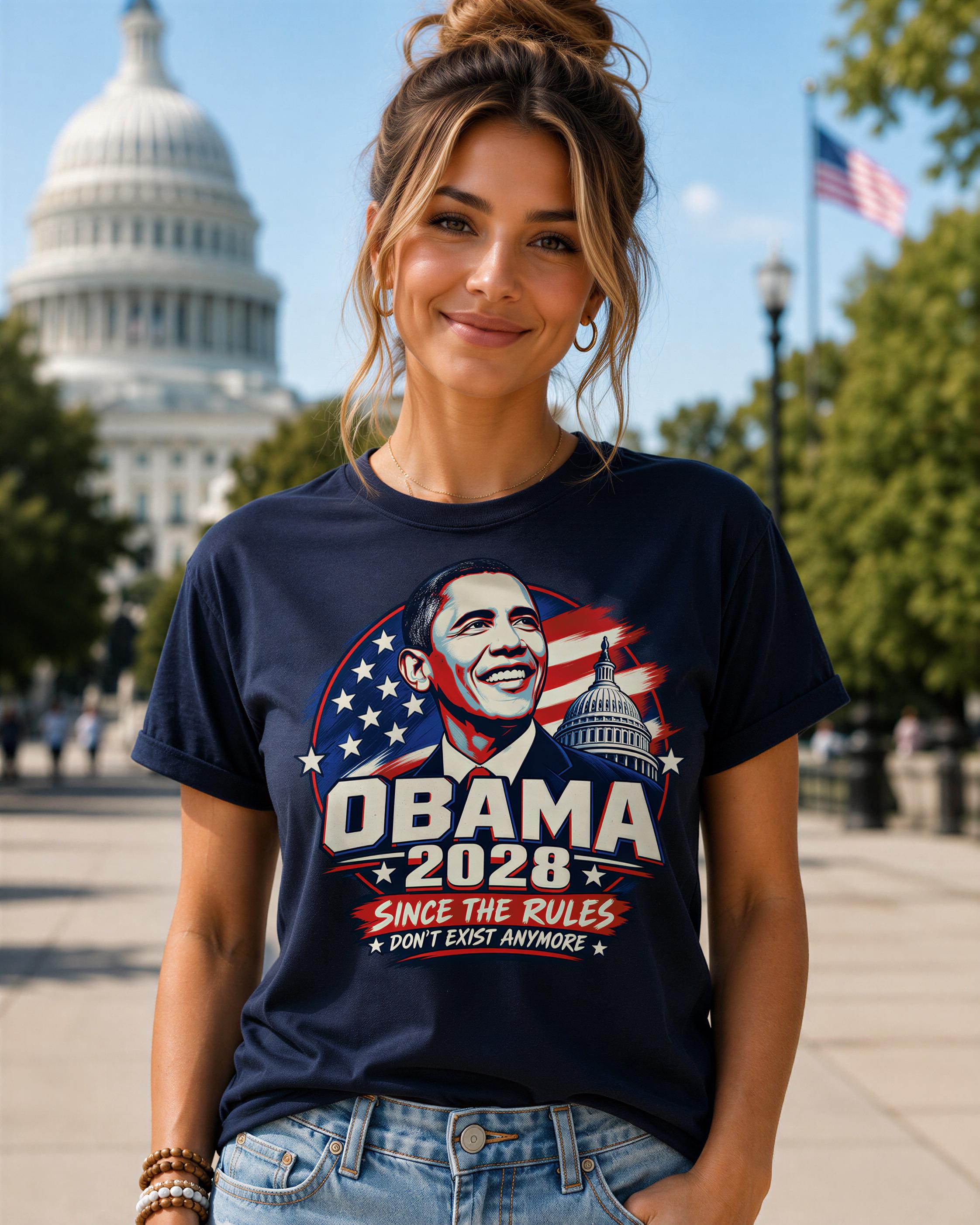 A woman wearing a blue t-shirt with a graphic of a man and text, standing in front of the United States Capitol building.