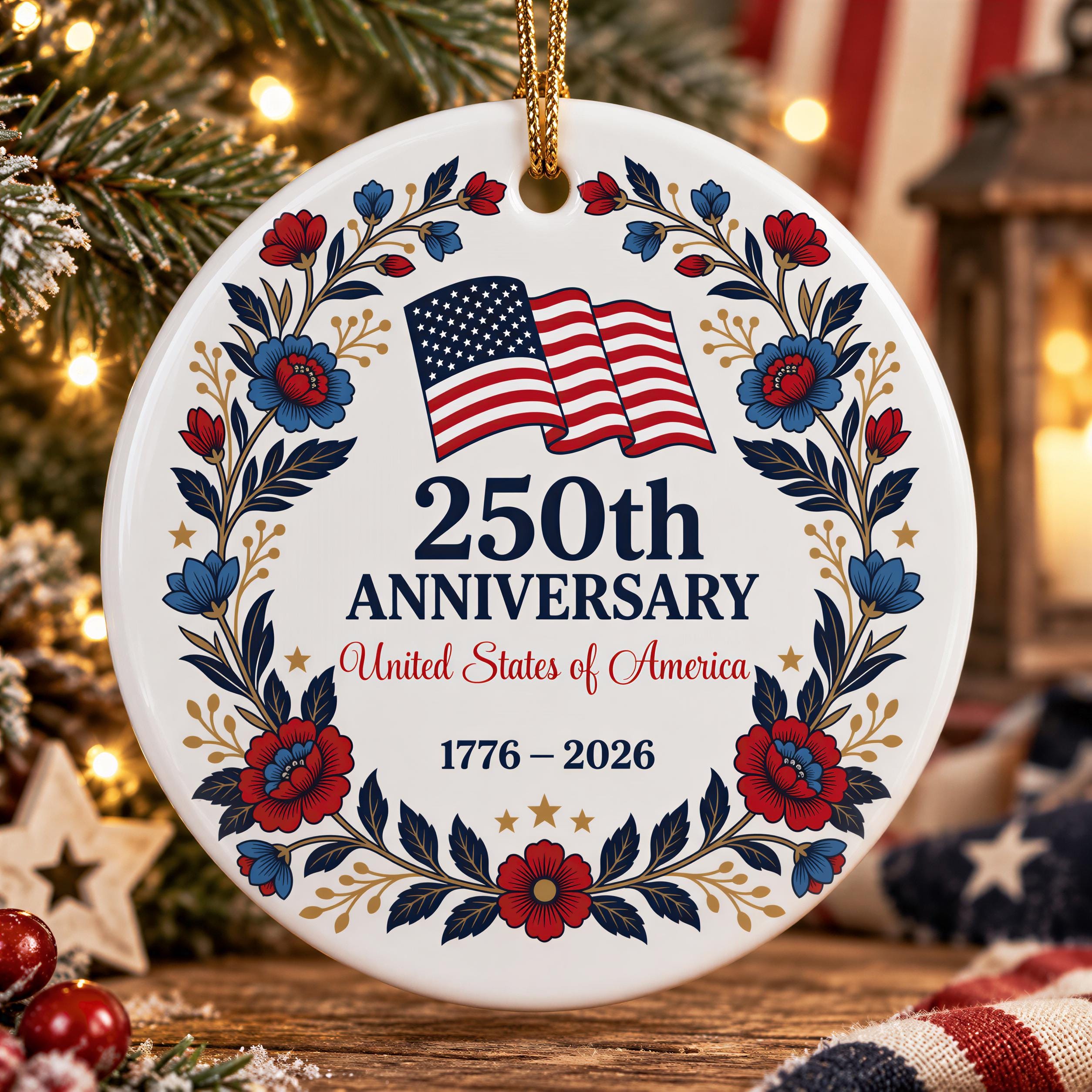 A white ornament with a floral border and an American flag, celebrating the 50th anniversary of the United States of America.