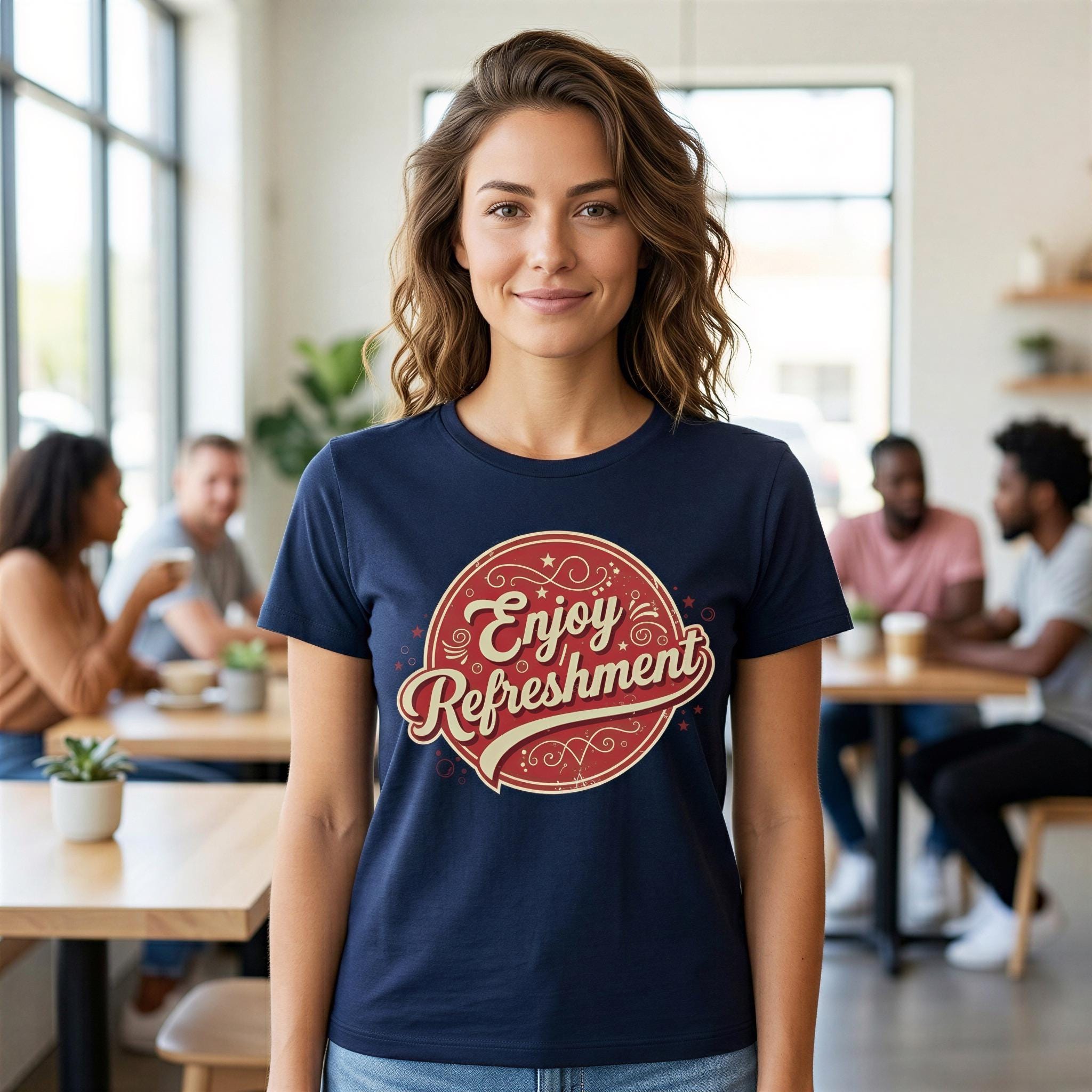 A woman wearing a navy blue t-shirt with the text "Enjoy Refresment" stands in a cafe, smiling at the camera.
