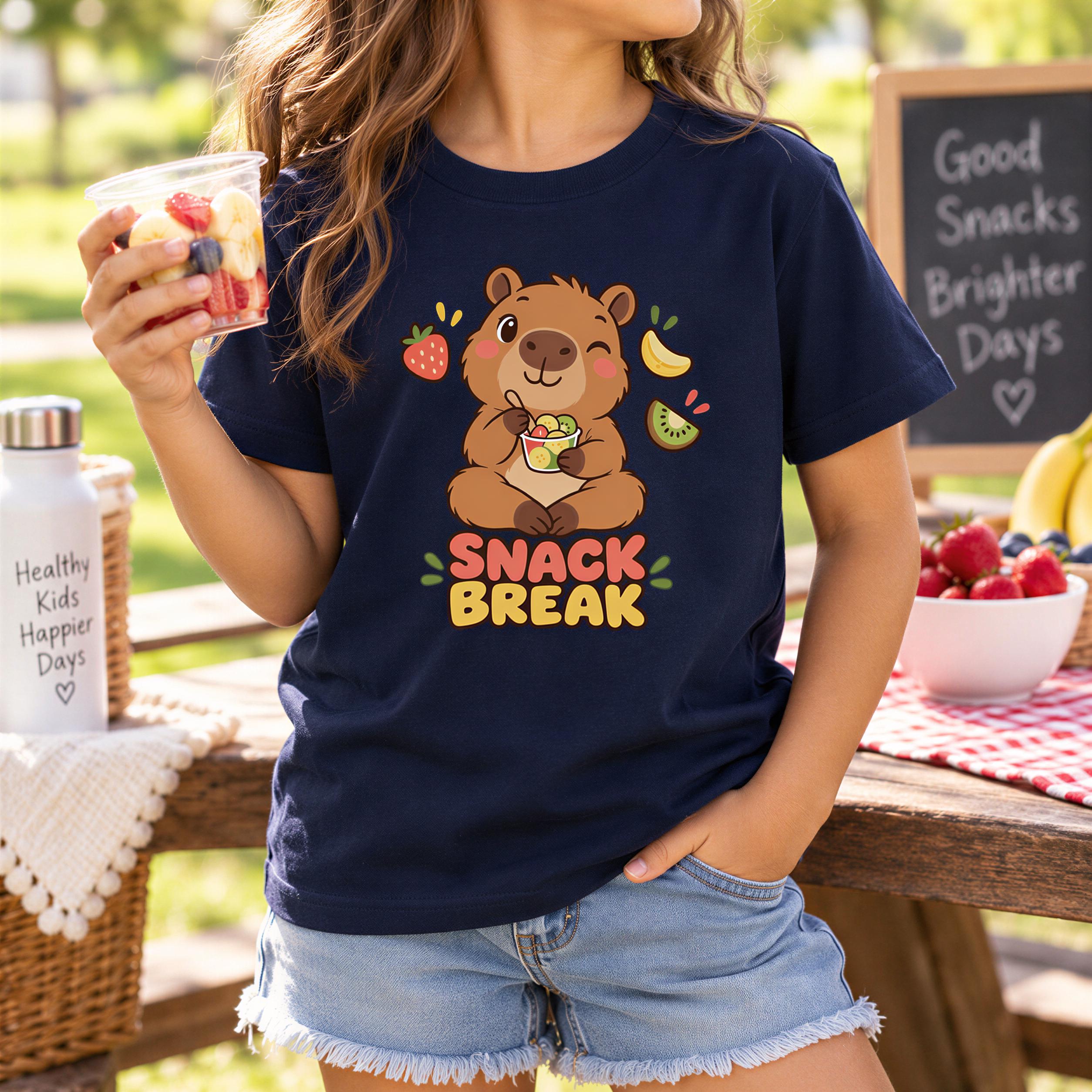 A woman wearing a blue t-shirt with a cartoon bear and the text "SNACK BREAK" is standing in front of a picnic table with a basket of fruit and a chalkboard sign.