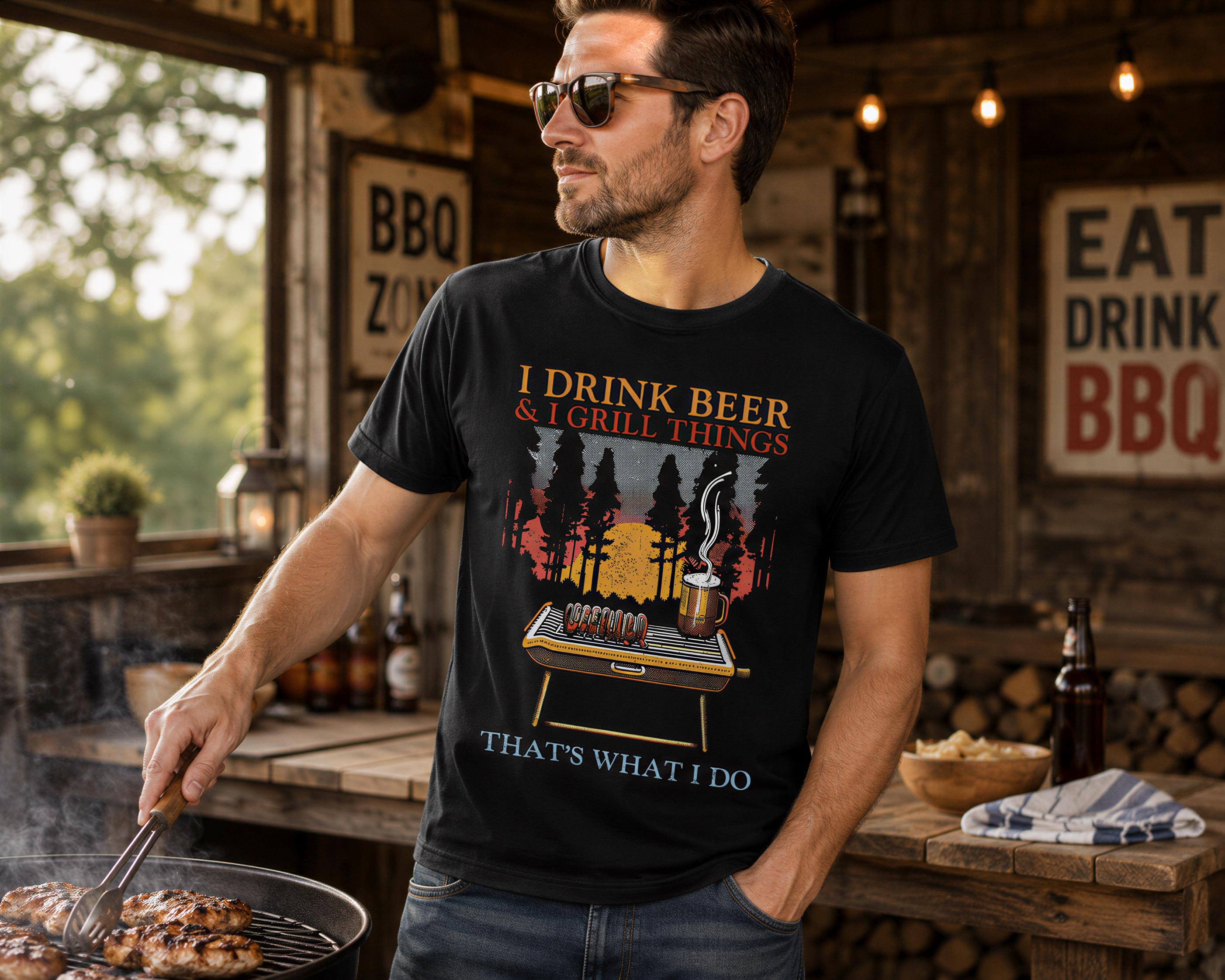 A man wearing a black t-shirt with a graphic design and text, standing in a kitchen with a grill and various cooking items visible.