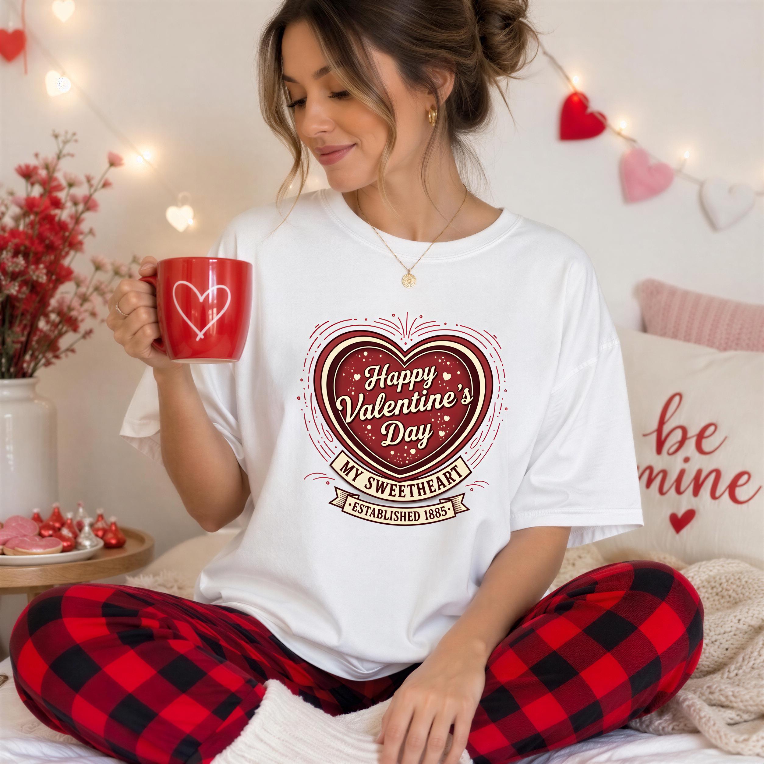 A woman in a white t-shirt and red and black plaid pajama bottoms sits on a bed, holding a red mug with a heart design. She is surrounded by a cozy, festive atmosphere with red and white decorations, including heart-shaped lights and a vase of red flowers.
