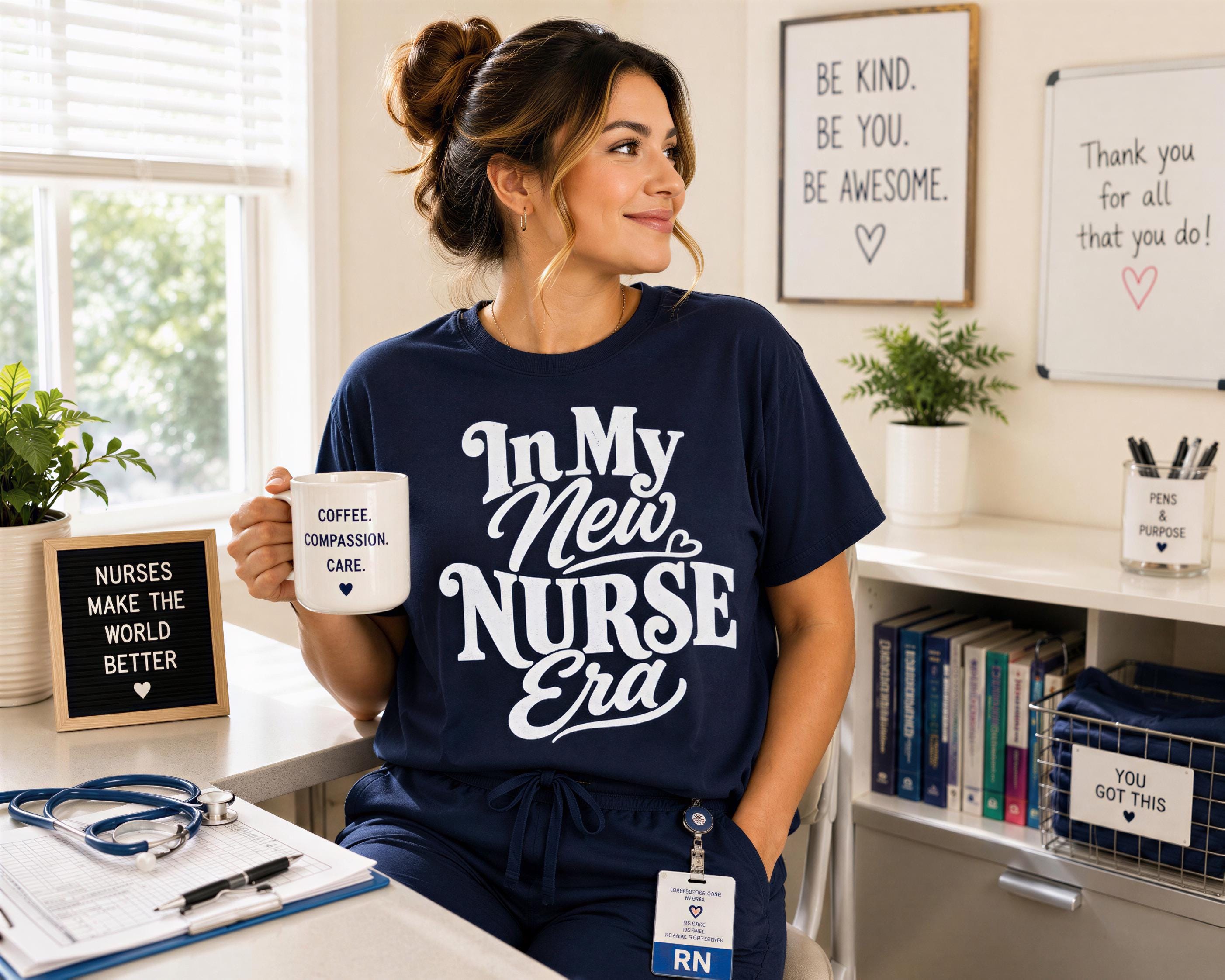 A woman wearing a blue t-shirt with the text "In My New Nurse Era" is sitting at a desk in a room with various items such as a coffee mug, a stethoscope, and a sign that says "Nurses make the world better".