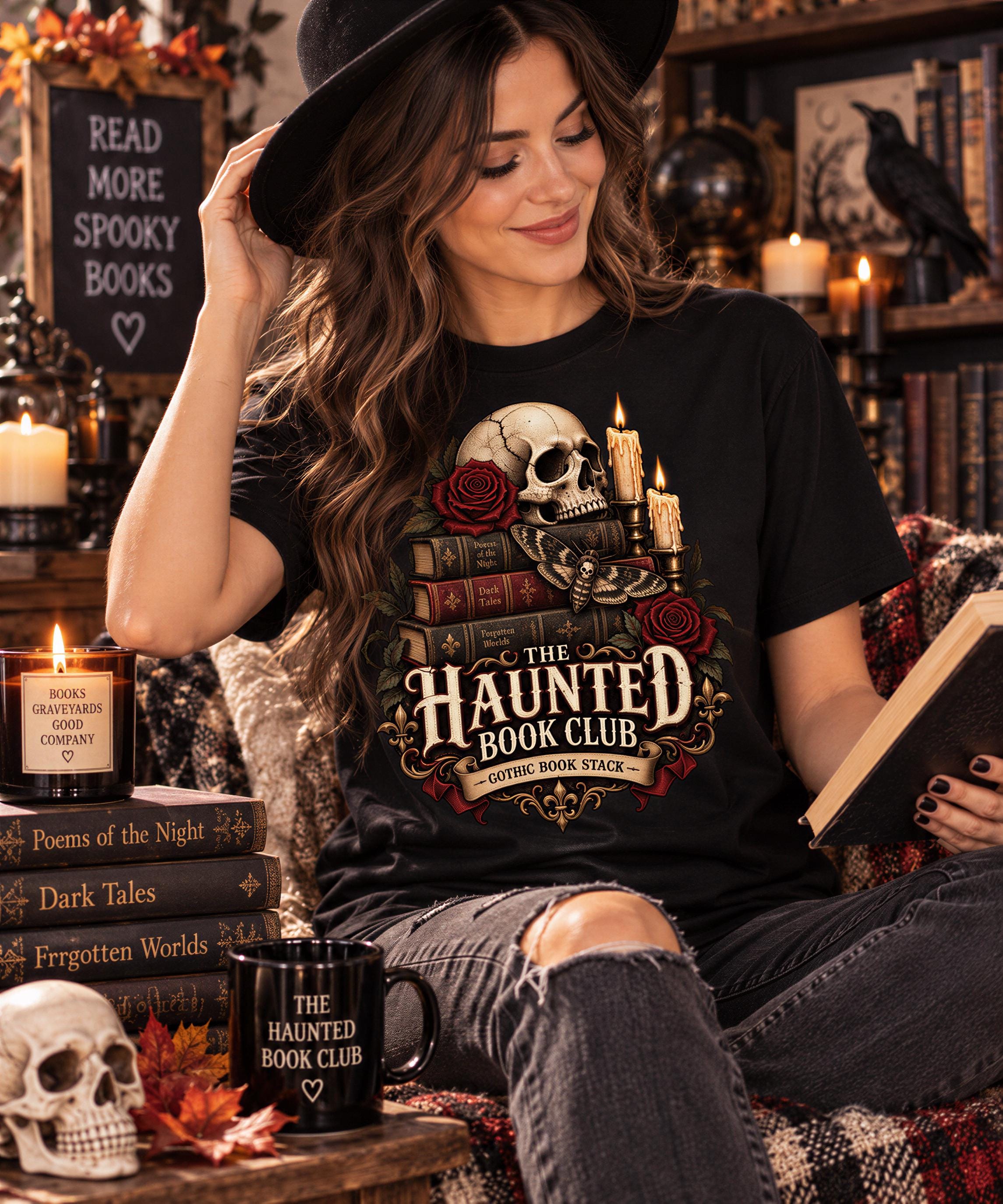 A woman wearing a black hat and a t-shirt with a skull design is sitting on a couch surrounded by books, candles, and other Halloween-themed items.