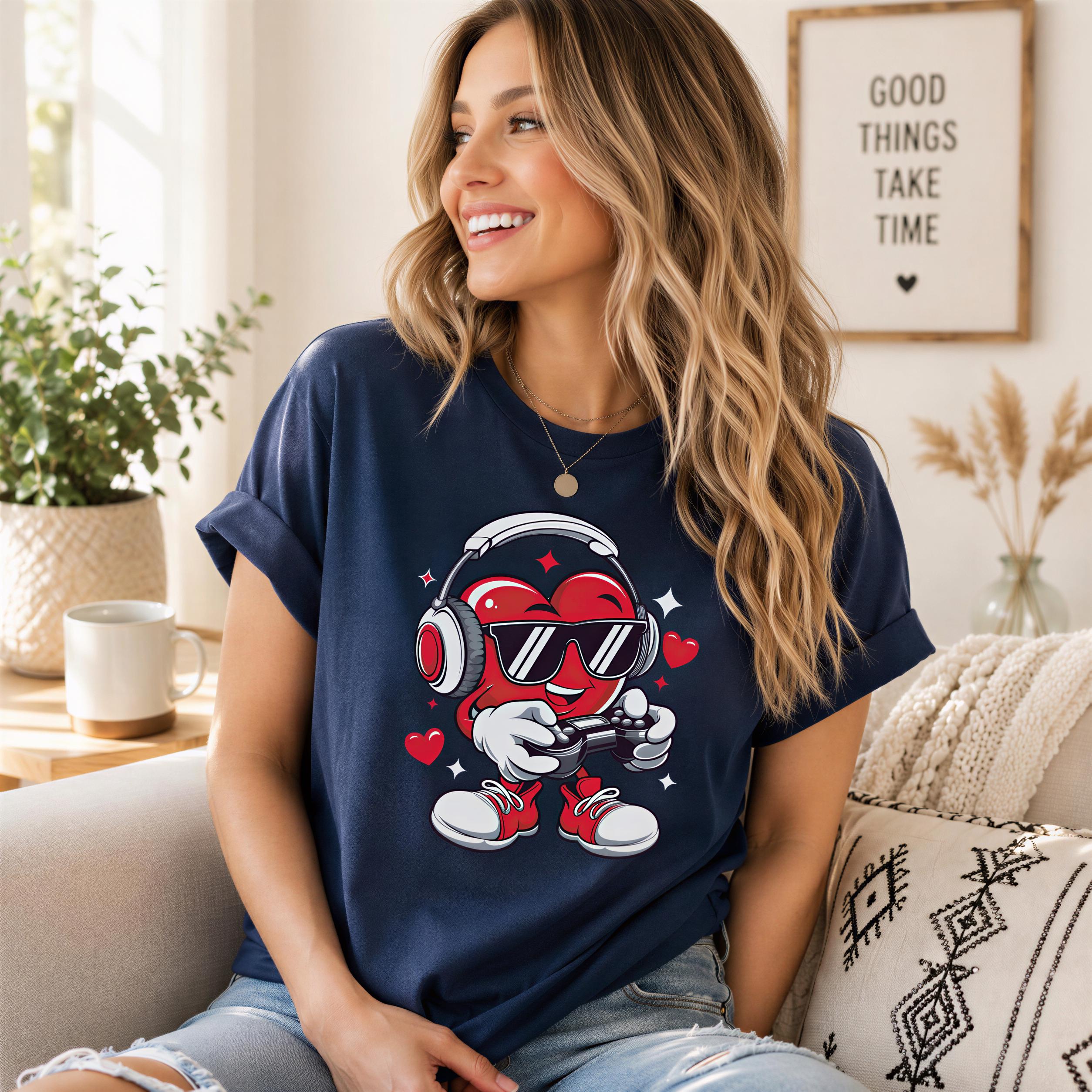 A woman wearing a blue t-shirt with a graphic of a cartoon character holding a controller and wearing sunglasses is sitting on a couch.
