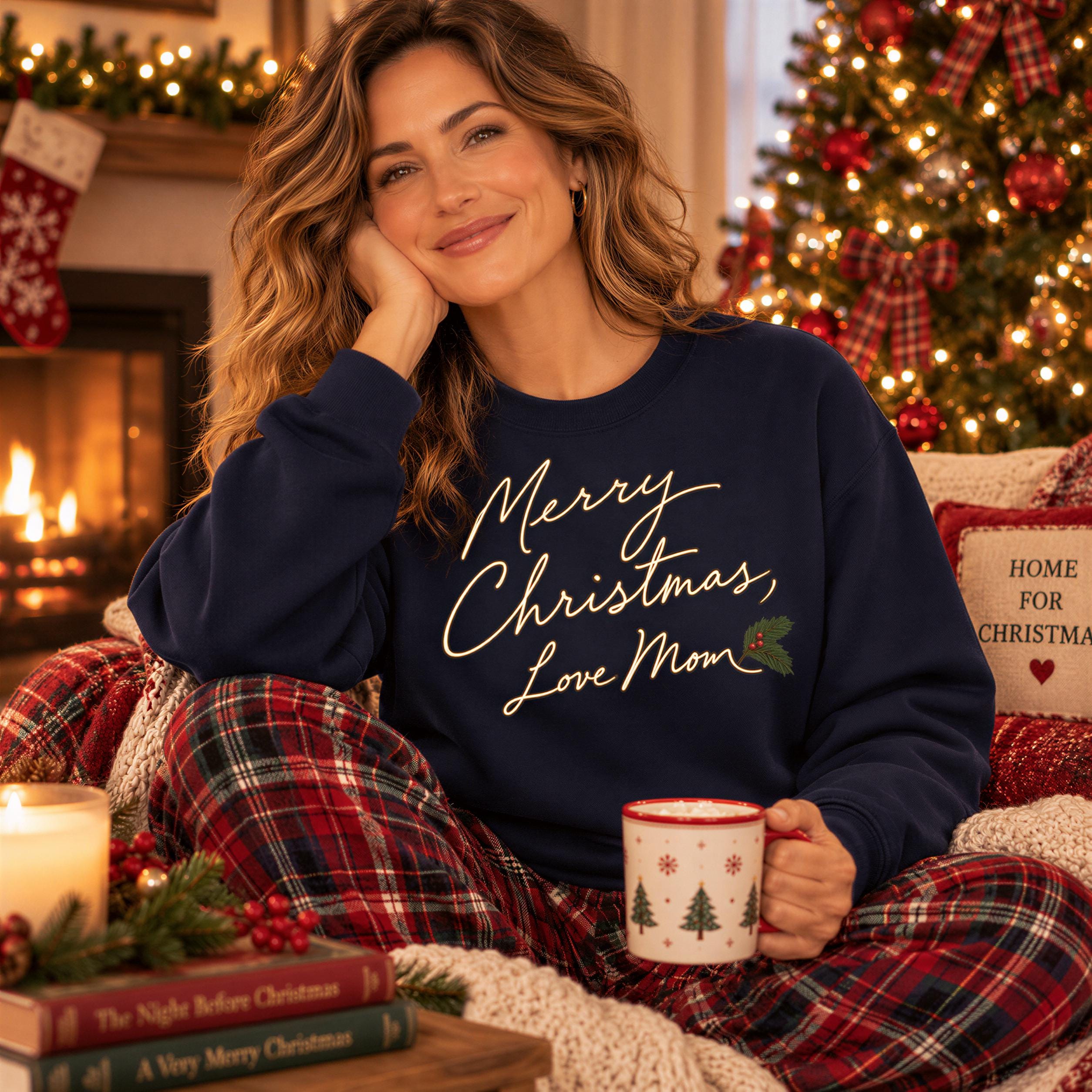 A woman in a navy blue sweatshirt with the text "Merry Christmas, Love Mom" is sitting in a cozy, festively decorated room, holding a mug and smiling.