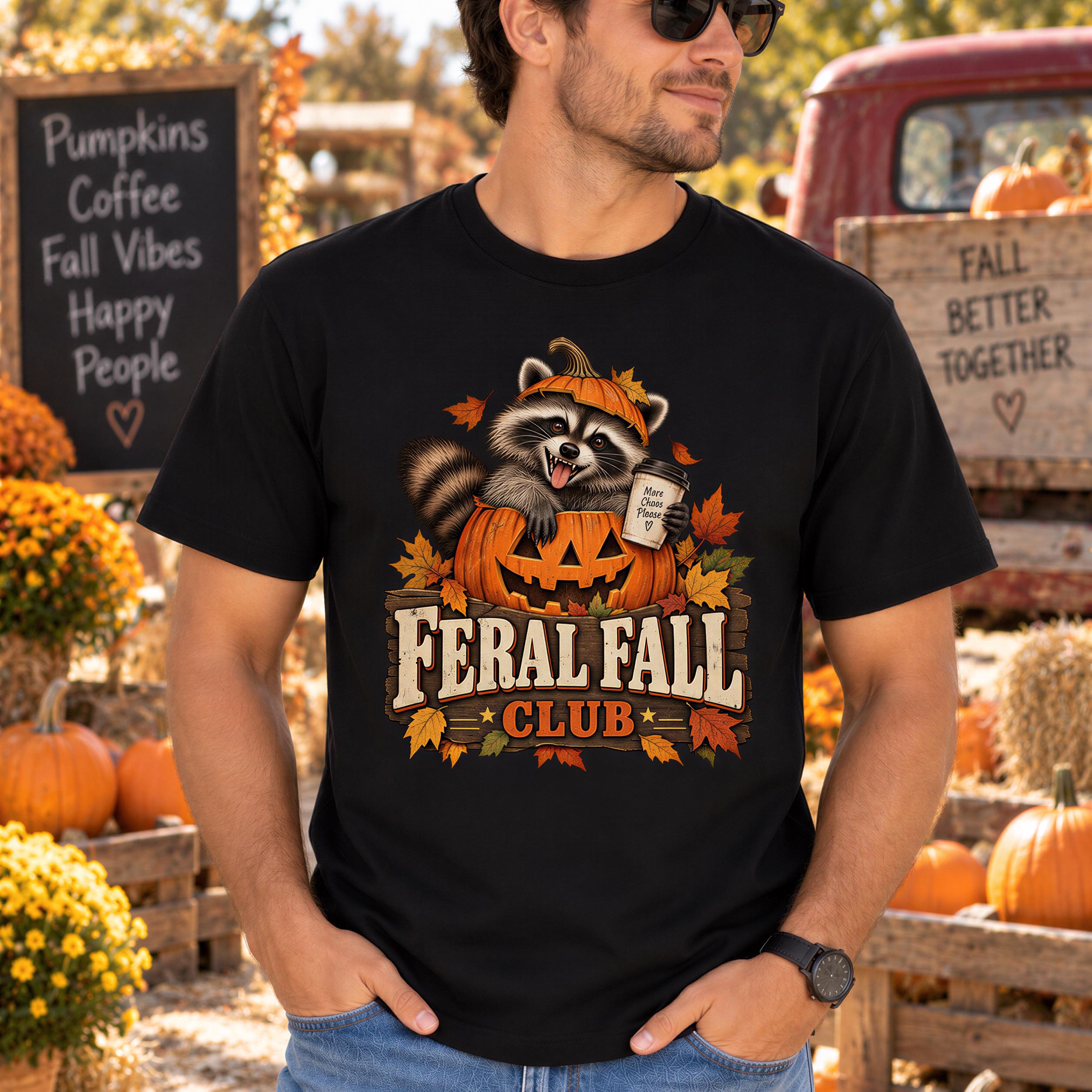 A man wearing a black t-shirt with a graphic of a raccoon in a pumpkin and the text "Feral Fall Club" is standing in front of a pumpkin patch with fall decorations.