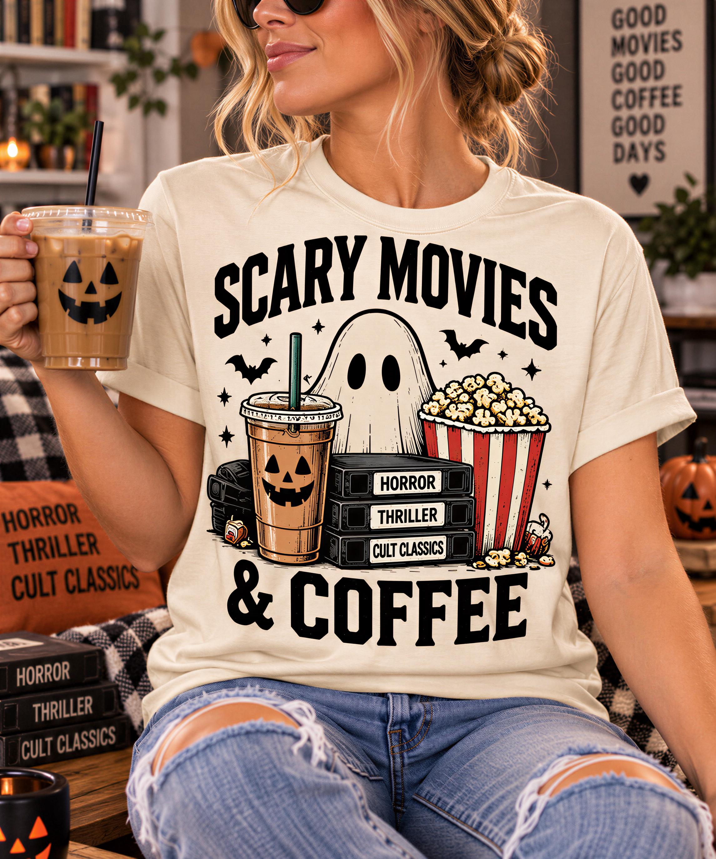 A woman wearing a white t-shirt with a graphic design of a ghost, popcorn, and a coffee cup, along with the text "Scary Movies & Coffee" and " Horror Thriller Cult Classics". She is holding a drink in her hand.