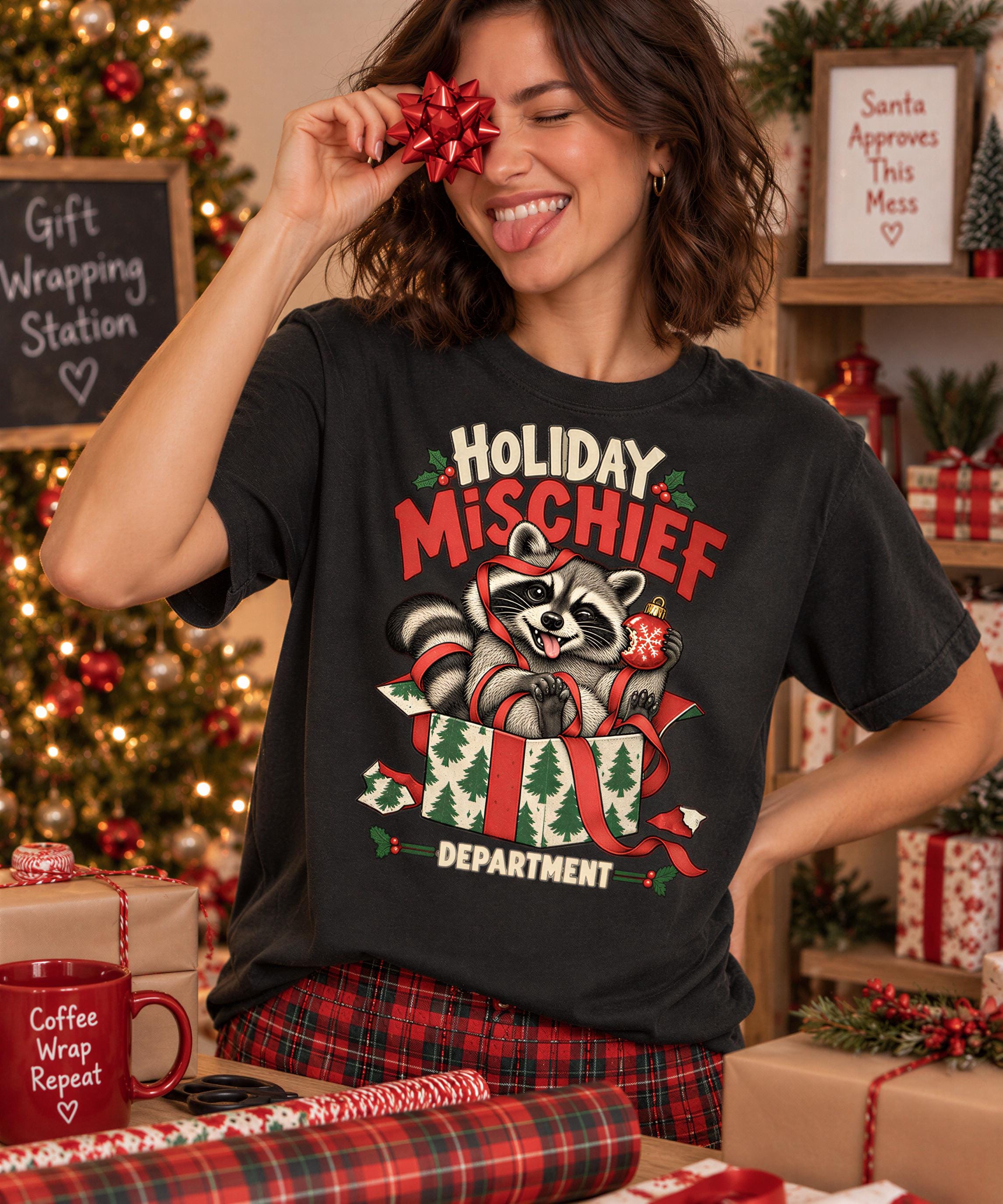 A woman wearing a black t-shirt with a graphic of a raccoon holding a Christmas ornament and the text "HOLIDAY MISCHIEF DEPARTMENT" is smiling and holding a red bow to her eye.