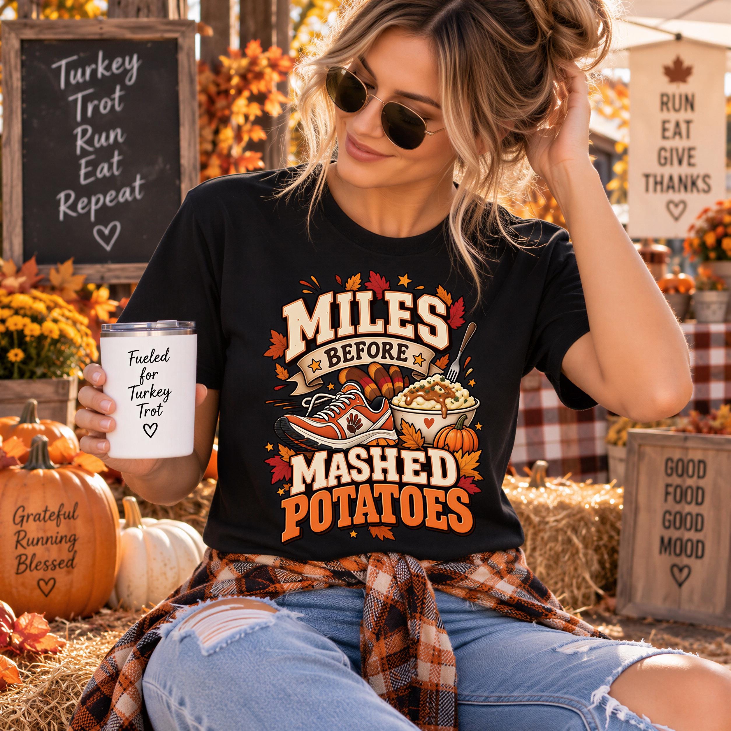 A woman wearing sunglasses and a black t-shirt with a graphic design holding a white mug with a turkey and mashed potatoes graphic.