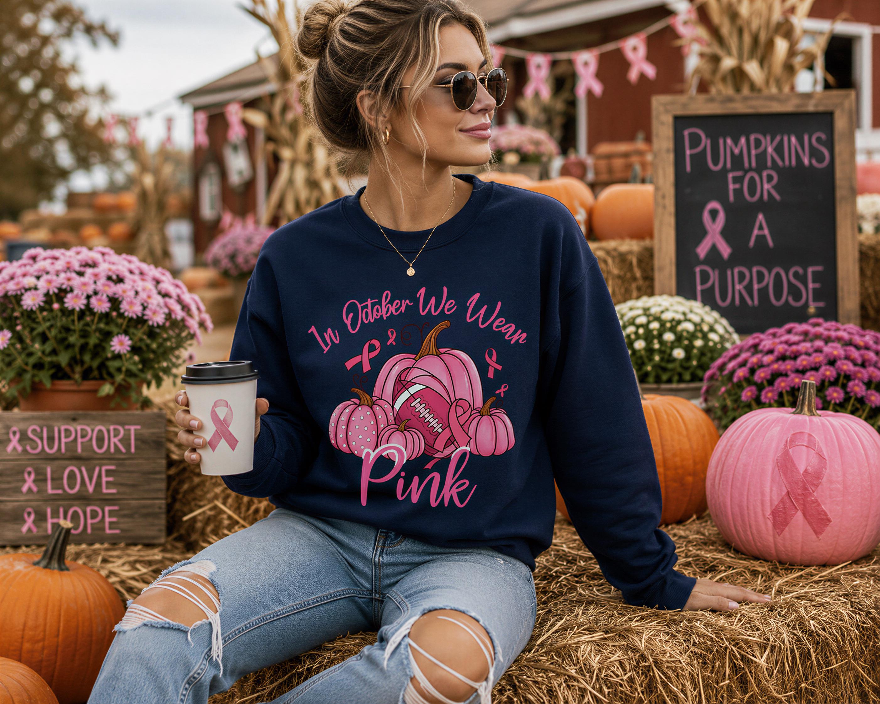 A woman wearing a navy blue sweatshirt with a pink pumpkin graphic and text, sitting on hay bales surrounded by pumpkins and pink flowers.