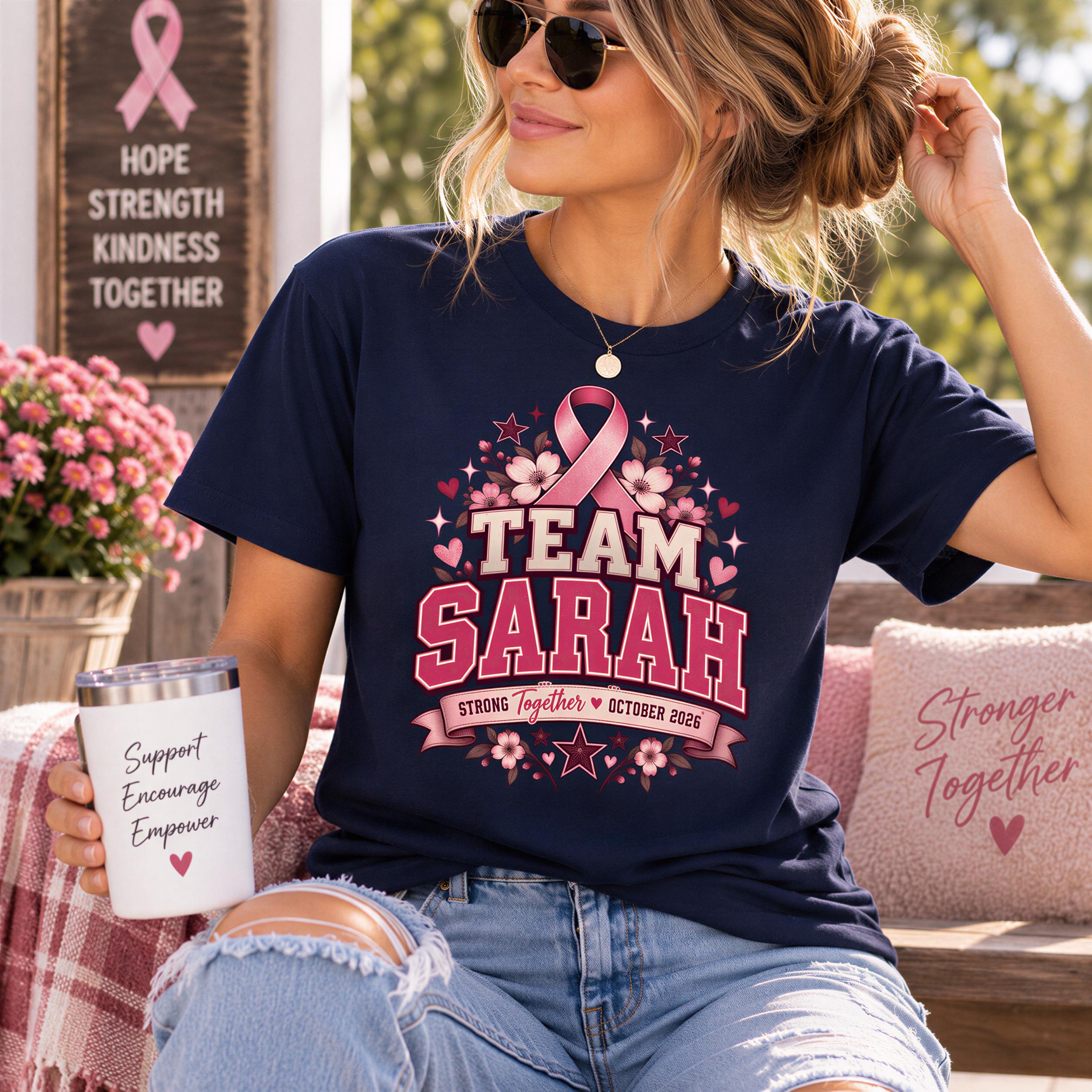 A woman wearing a navy blue t-shirt with a pink ribbon design and the text "Team Sarah" is sitting on a bench, holding a white mug with the text "Support, Encourage, Empower" printed on it.