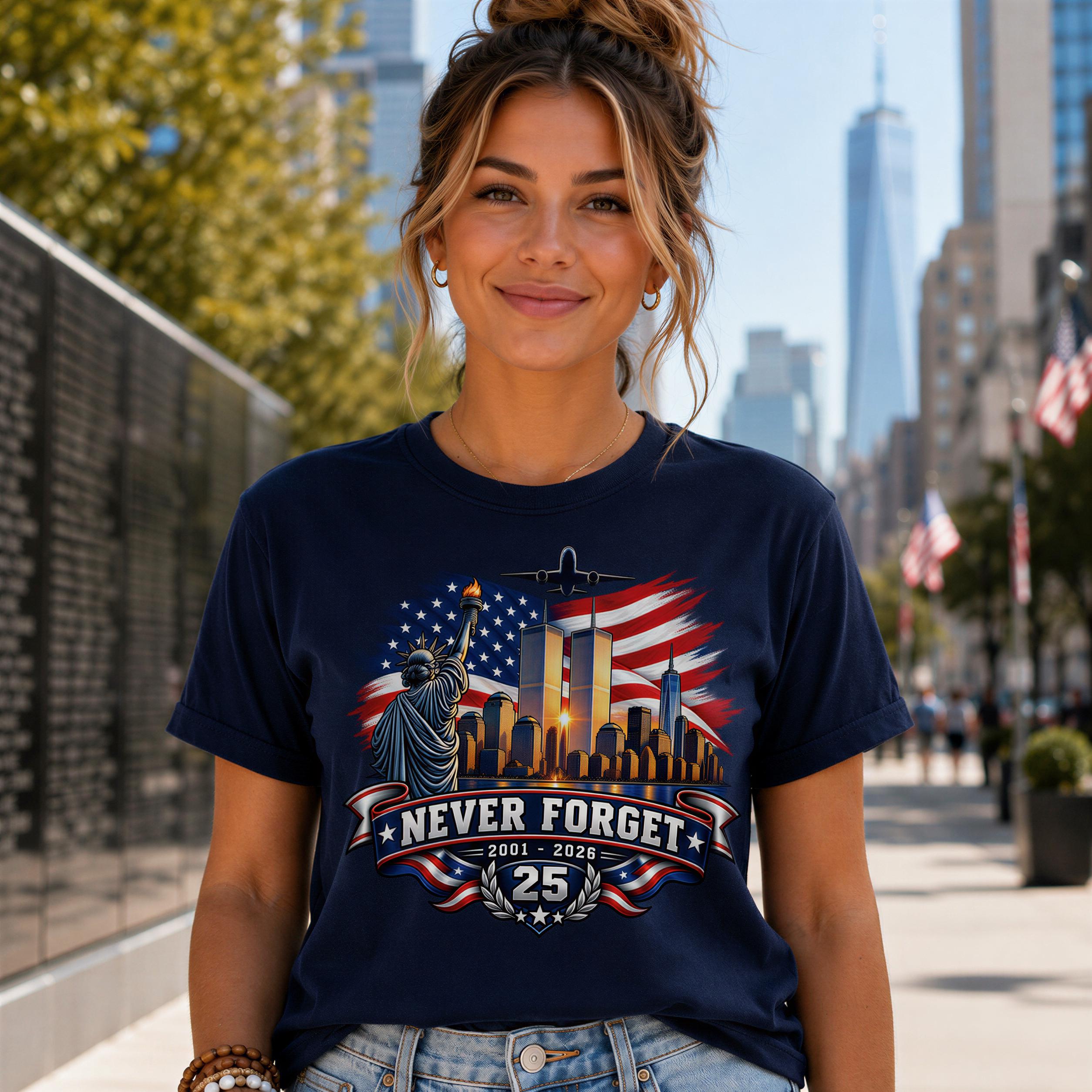 A woman wearing a navy blue t-shirt with a graphic design featuring the Statue of Liberty and the New York City skyline, along with the text "NEVER FORGET" and "25".