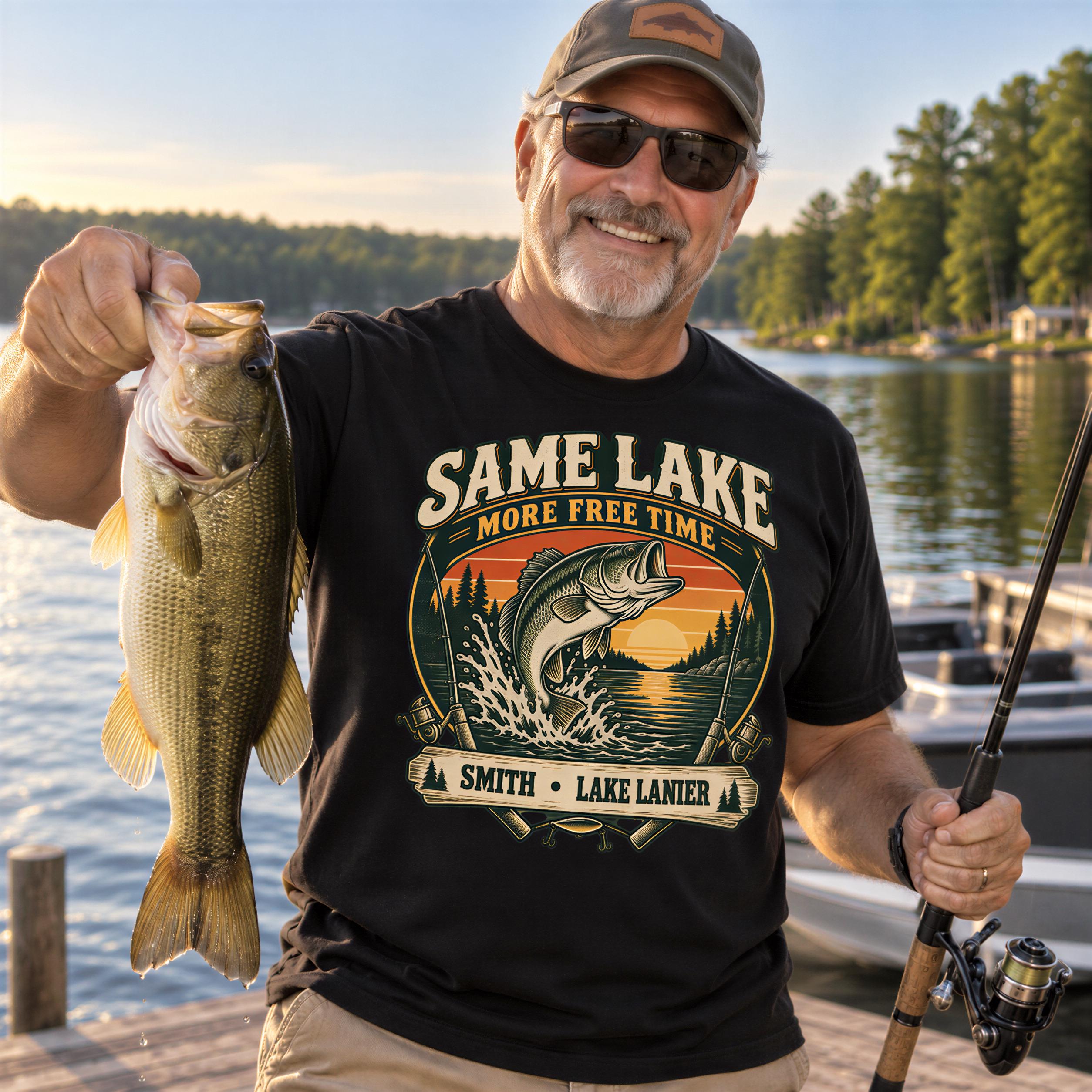 A man holding a large fish and smiling, wearing a black t-shirt with a graphic design.