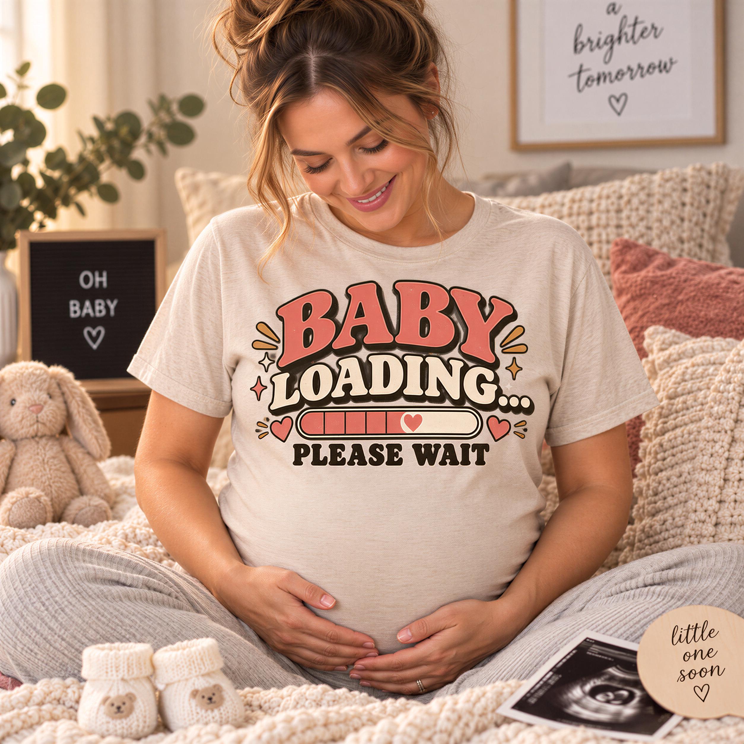 A pregnant woman sitting on a bed, wearing a t-shirt with a graphic design that says "BABY LOADING... PLEASE WAIT".