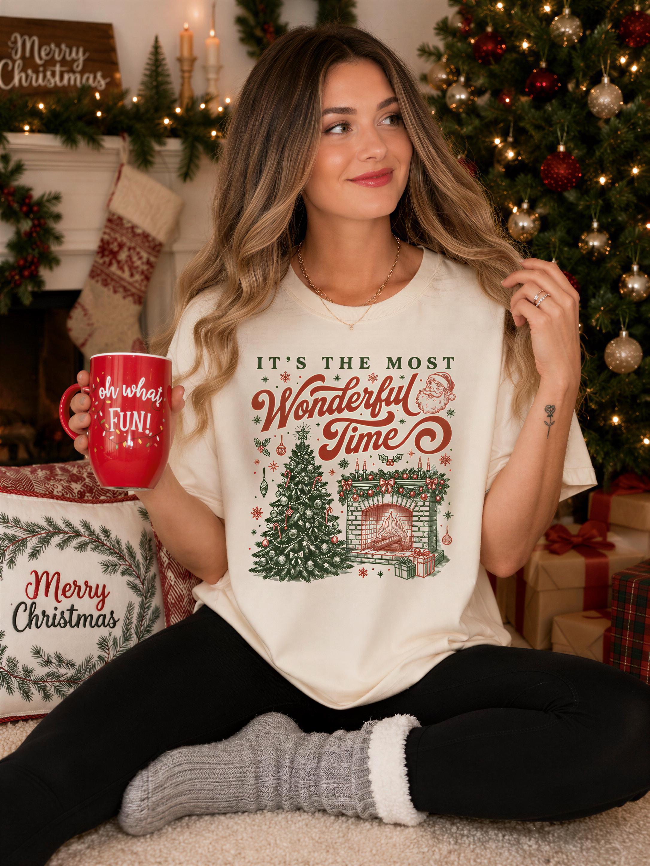 A woman sitting on the floor in front of a Christmas tree, holding a red mug with a Christmas-themed design.
