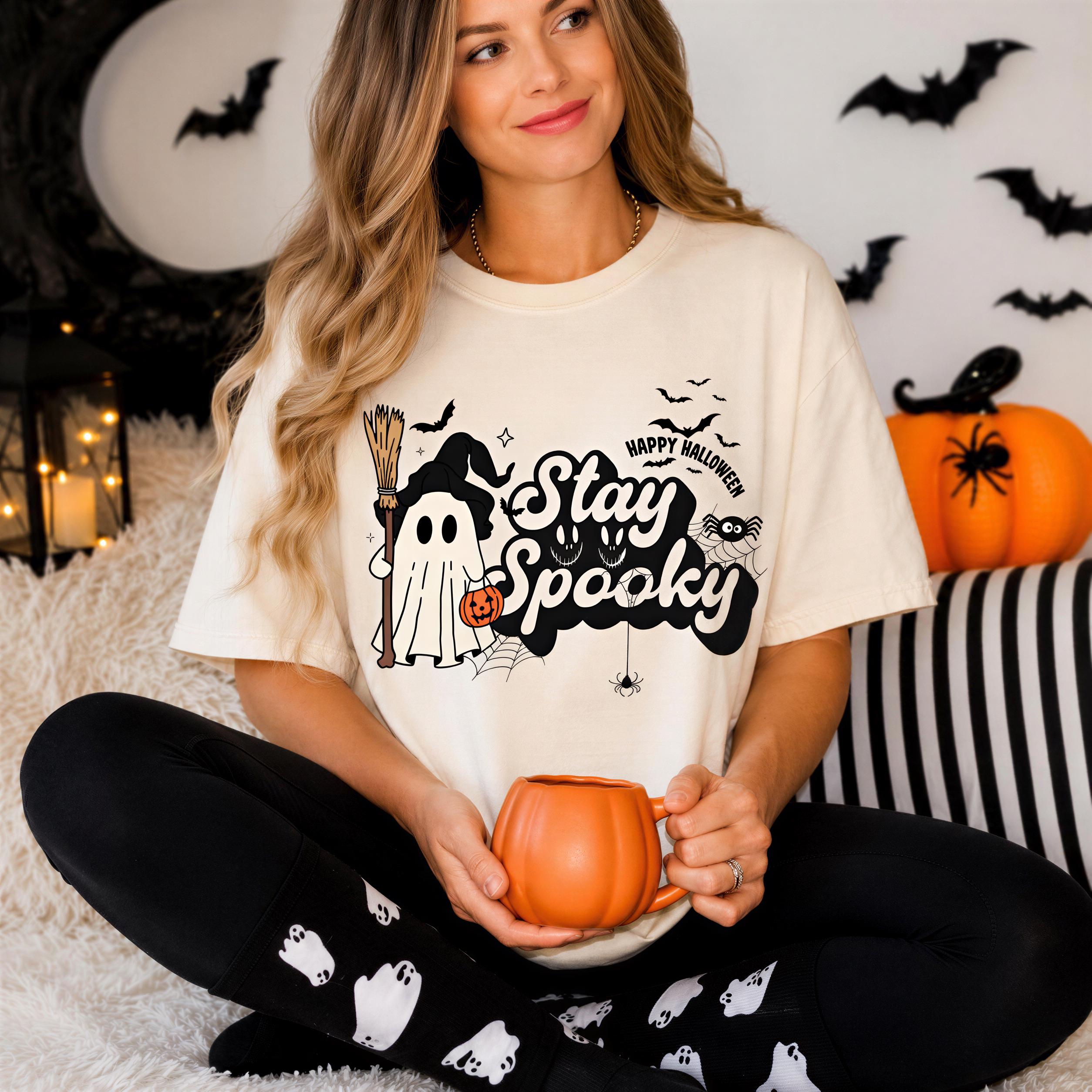 A woman wearing a Halloween-themed t-shirt sits on the floor, holding a pumpkin-shaped mug, with a Halloween-themed background featuring bats and a pumpkin.