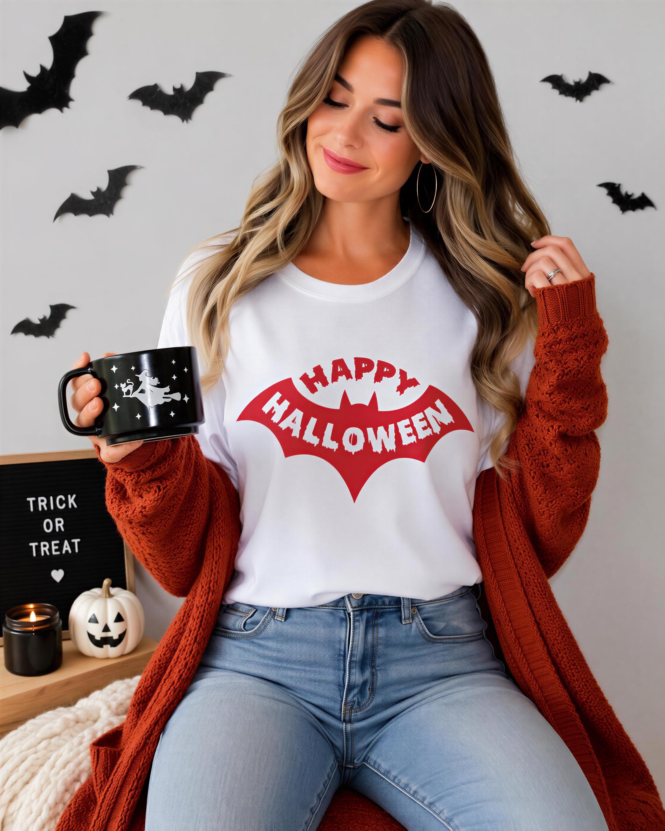 A woman with long brown hair is sitting in front of a Halloween-themed background, wearing a white t-shirt with a red bat design and holding a black mug with a Halloween-themed design.