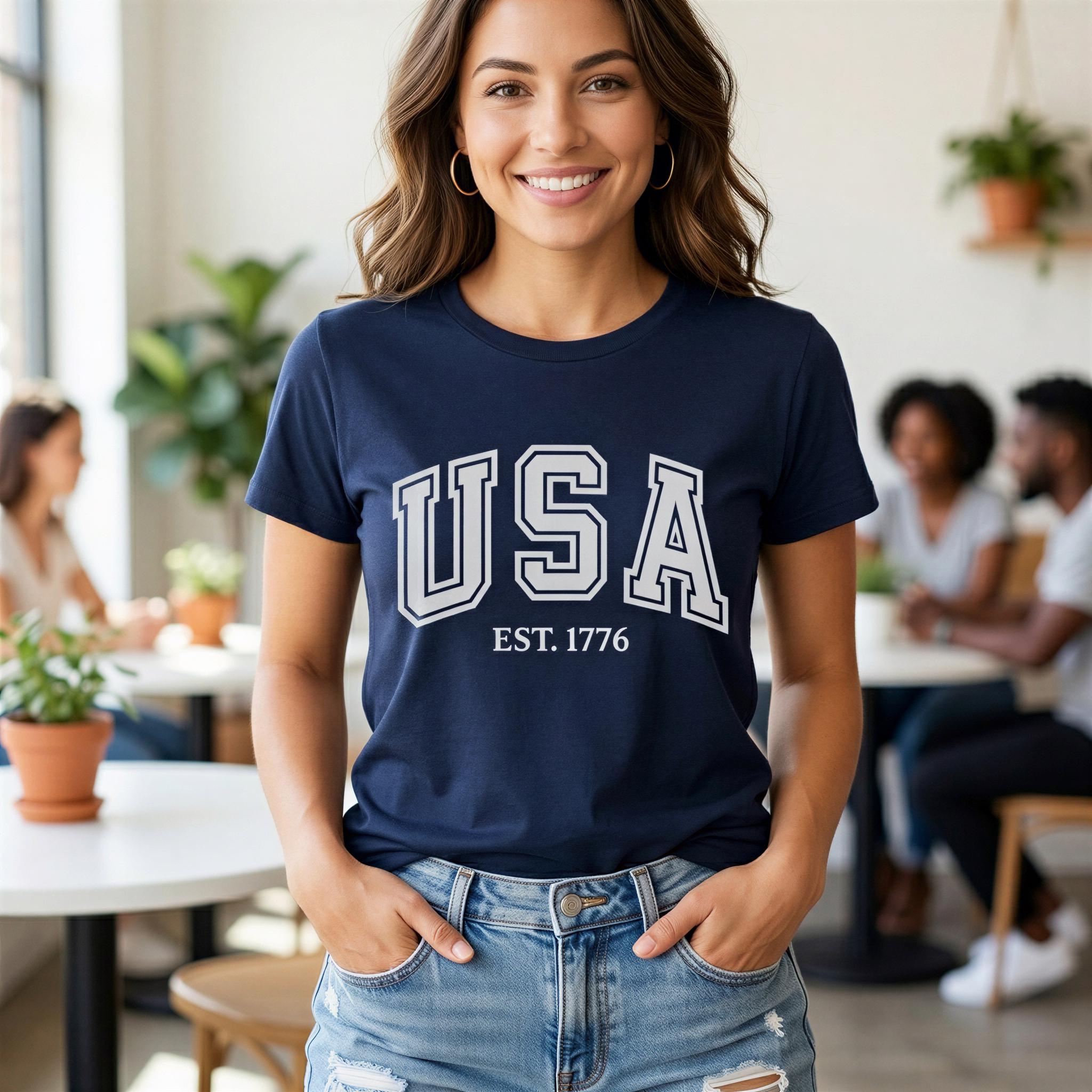 A woman wearing a navy blue t-shirt with the text "USA EST. 1776" stands in a room with other people in the background.