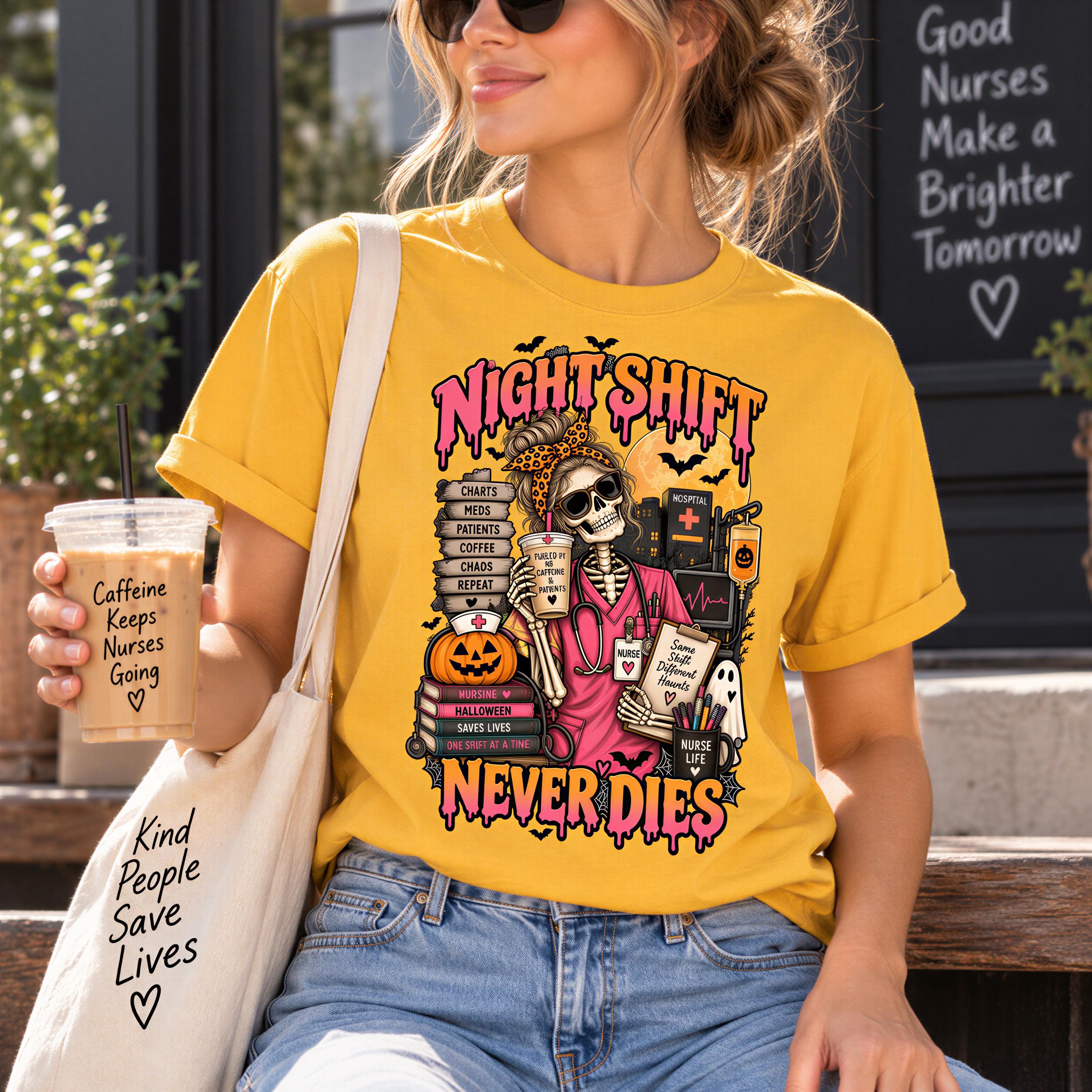 A woman wearing a yellow t-shirt with a graphic design of a skeleton nurse holding a coffee cup and a pumpkin, with the text "Night Shift Never Dies" printed on it. She is also holding a white bag with the text "Kind People Save Lives" printed on it.