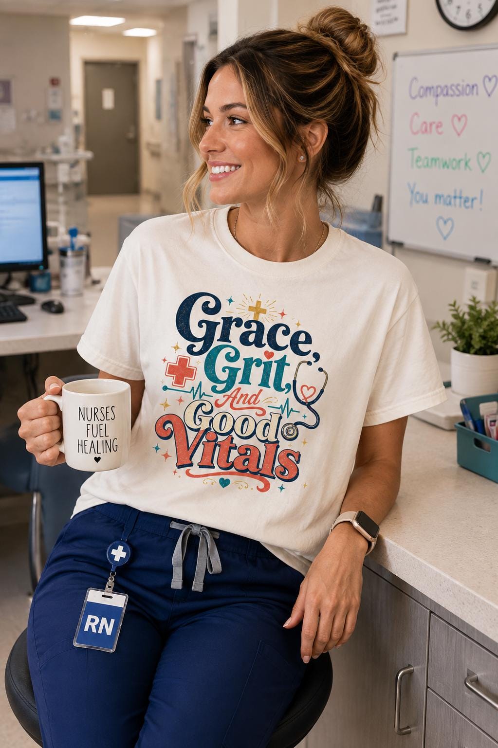 A smiling woman wearing a white t-shirt with a colorful graphic and text, holding a coffee mug, and sitting in a medical setting.