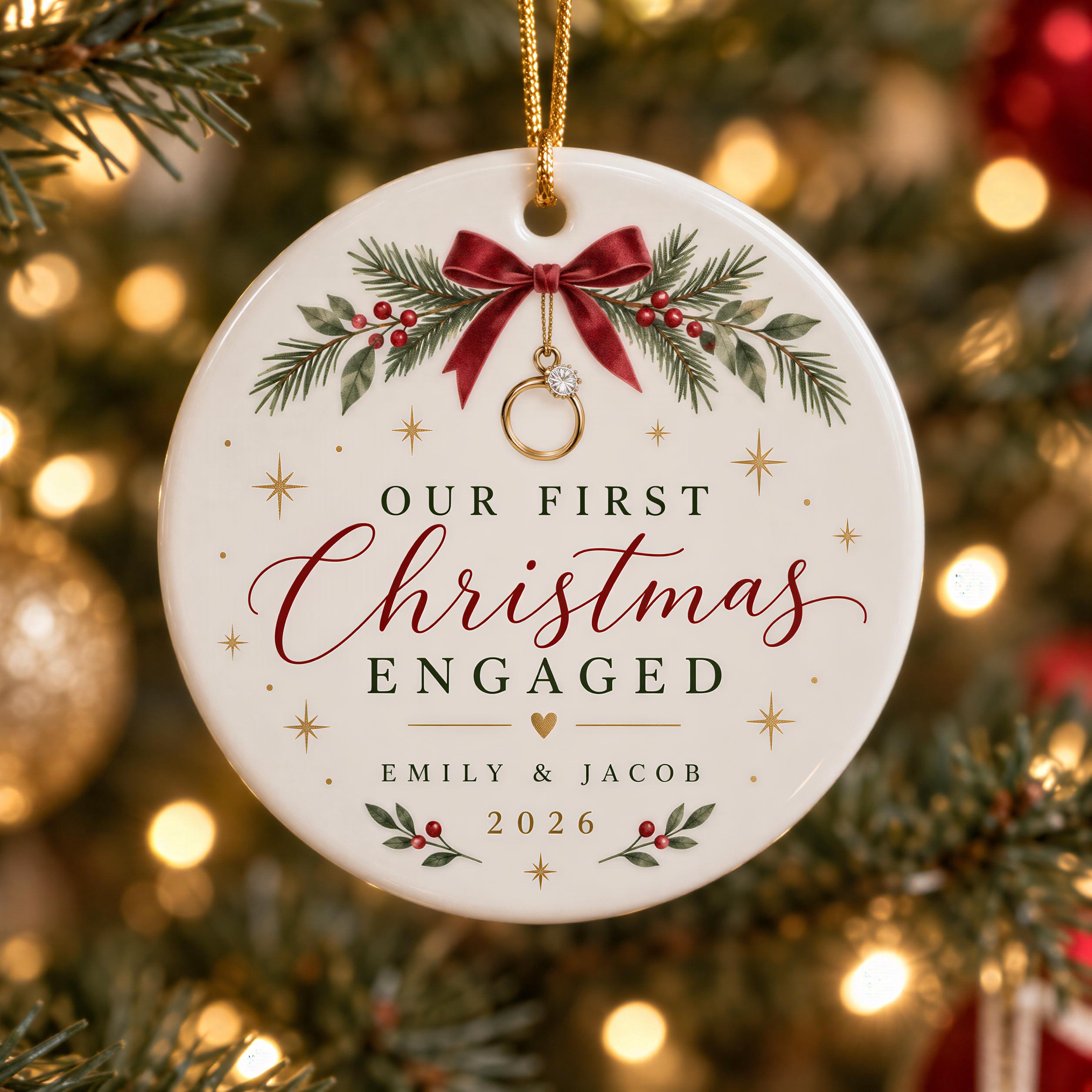 A white ornament with a red ribbon and gold star, hanging on a Christmas tree.