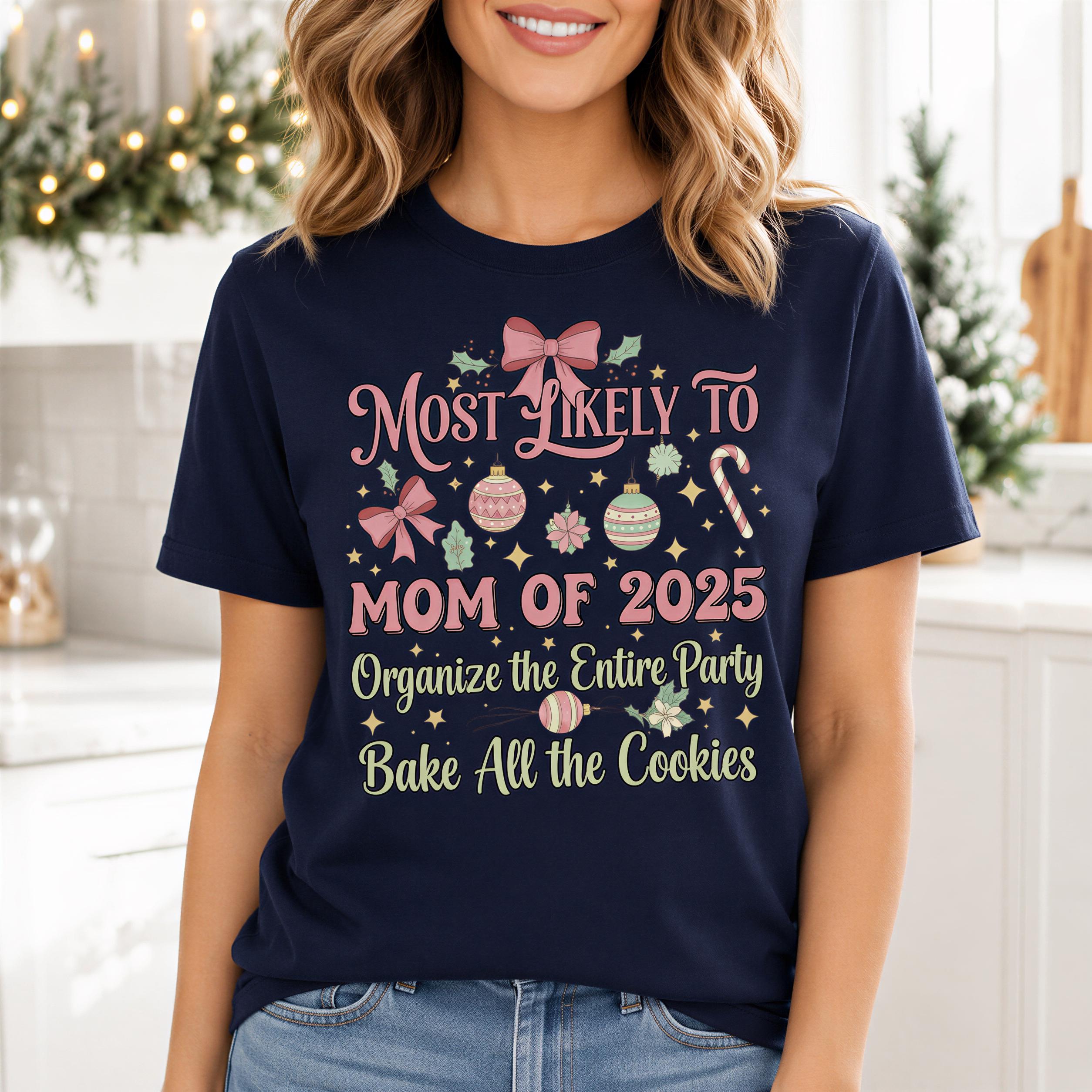 A woman wearing a navy blue t-shirt with text and graphics printed on it.
