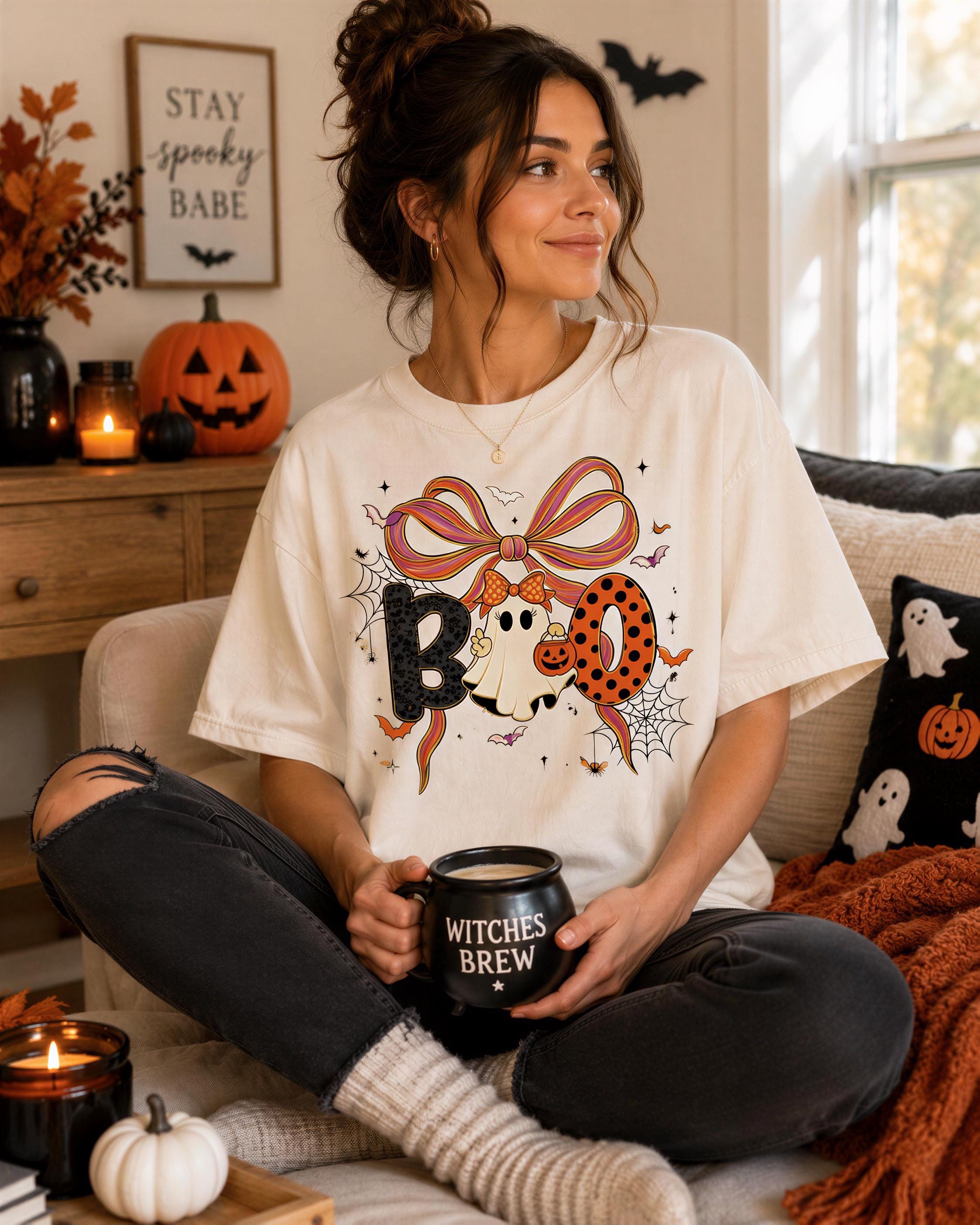 A woman sitting on a couch, wearing a white t-shirt with a Halloween-themed graphic, holding a mug with the text "WITCHES BREW". The room is decorated for Halloween, with a jack-o-lantern, a spider web, and other Halloween-themed items.