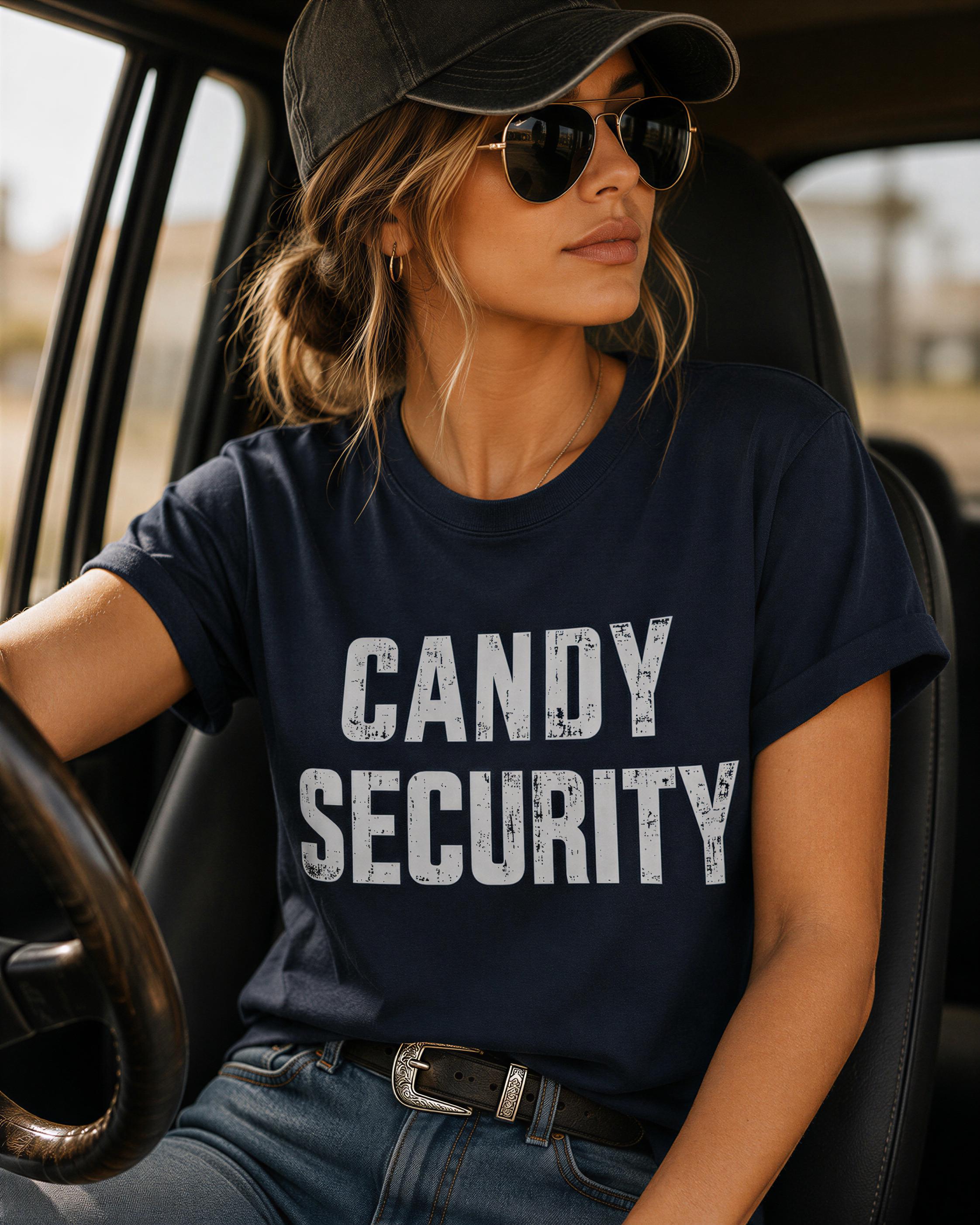 A woman wearing sunglasses and a hat is sitting in a car, wearing a dark blue t-shirt with the text "CANDY SECURITY" printed on it.